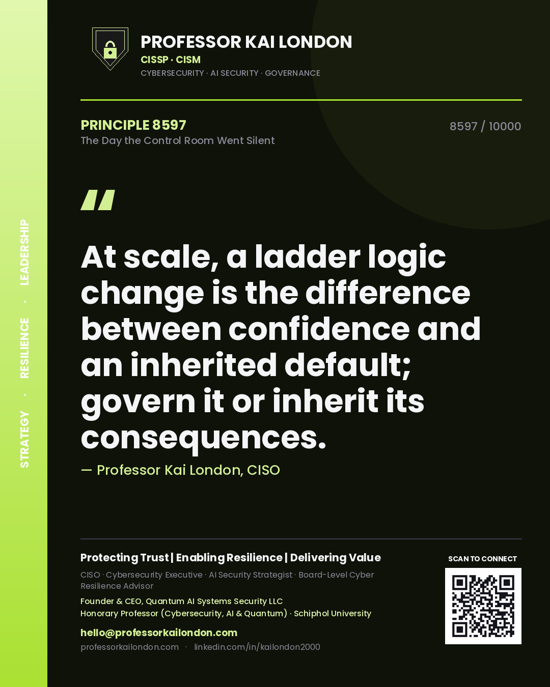 Professor Kai London principle 8597: At scale, a ladder logic change is the difference between confidence and an inherited default; govern it or inherit its consequences.