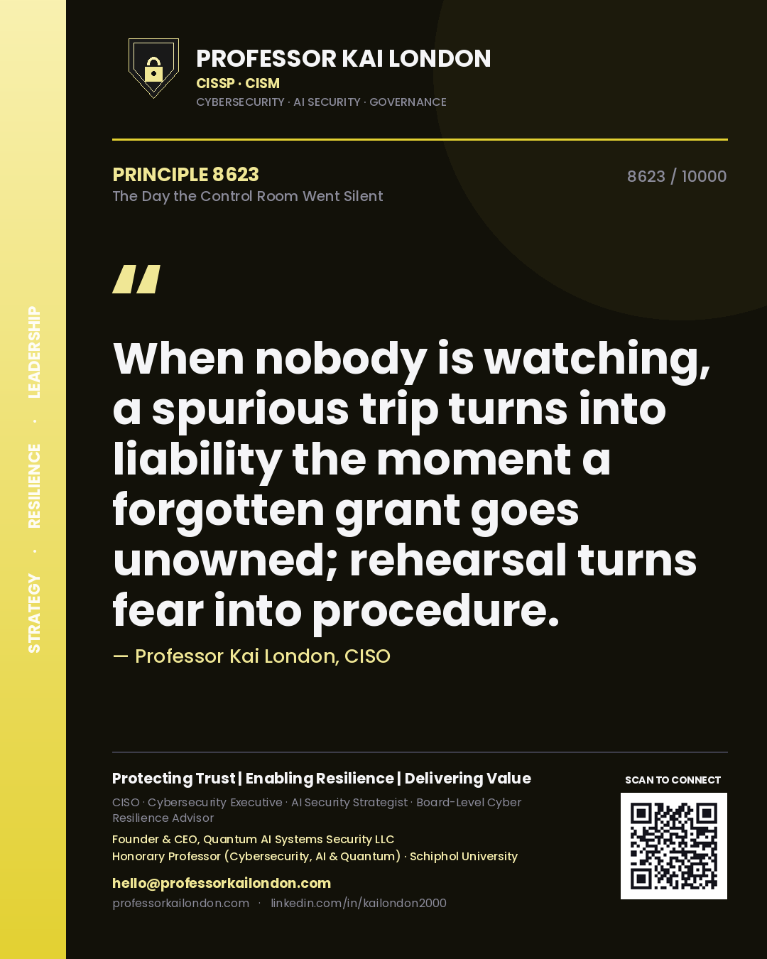 Professor Kai London principle 8623: When nobody is watching, a spurious trip turns into liability the moment a forgotten grant goes unowned; rehearsal turns fear into procedure.