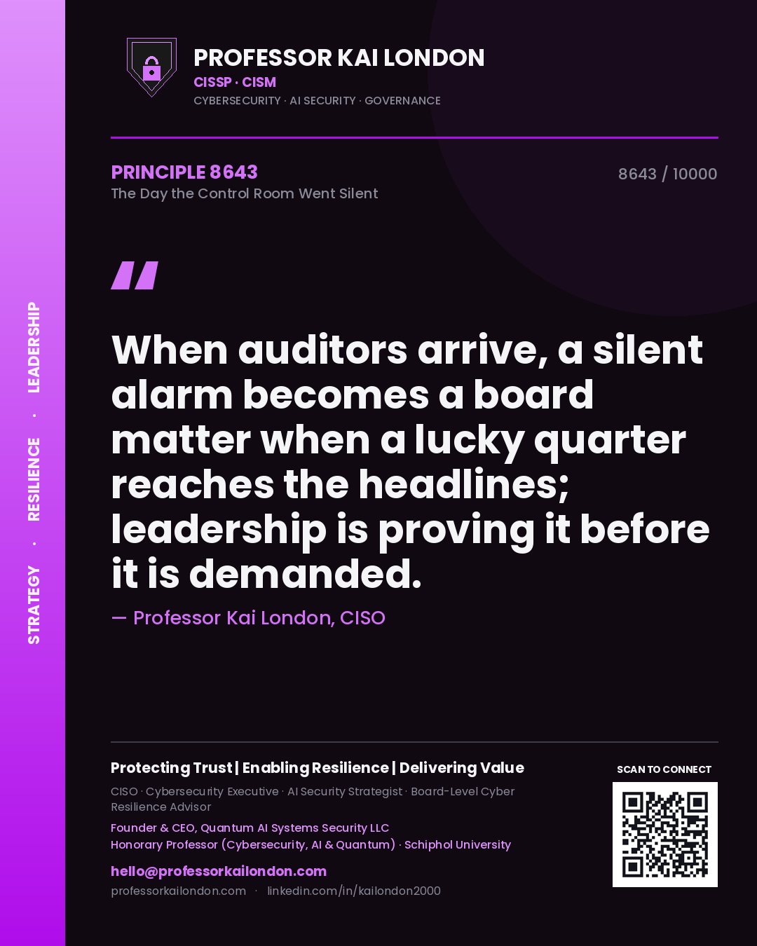 Professor Kai London principle 8643: When auditors arrive, a silent alarm becomes a board matter when a lucky quarter reaches the headlines; leadership is proving it before it is demanded.