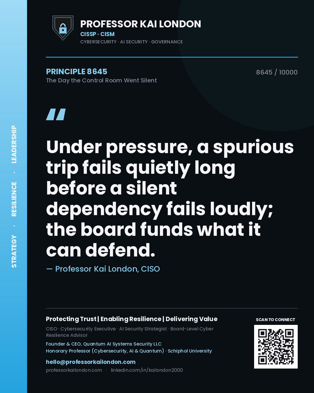 Professor Kai London principle 8645: Under pressure, a spurious trip fails quietly long before a silent dependency fails loudly; the board funds what it can defend.
