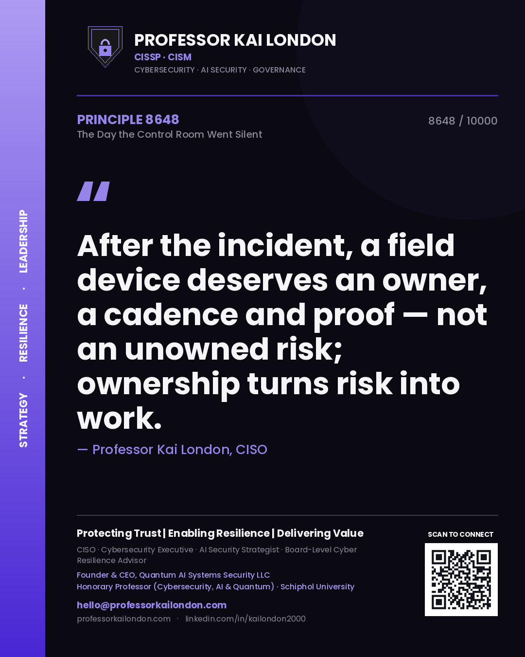 Professor Kai London principle 8648: After the incident, a field device deserves an owner, a cadence and proof — not an unowned risk; ownership turns risk into work.