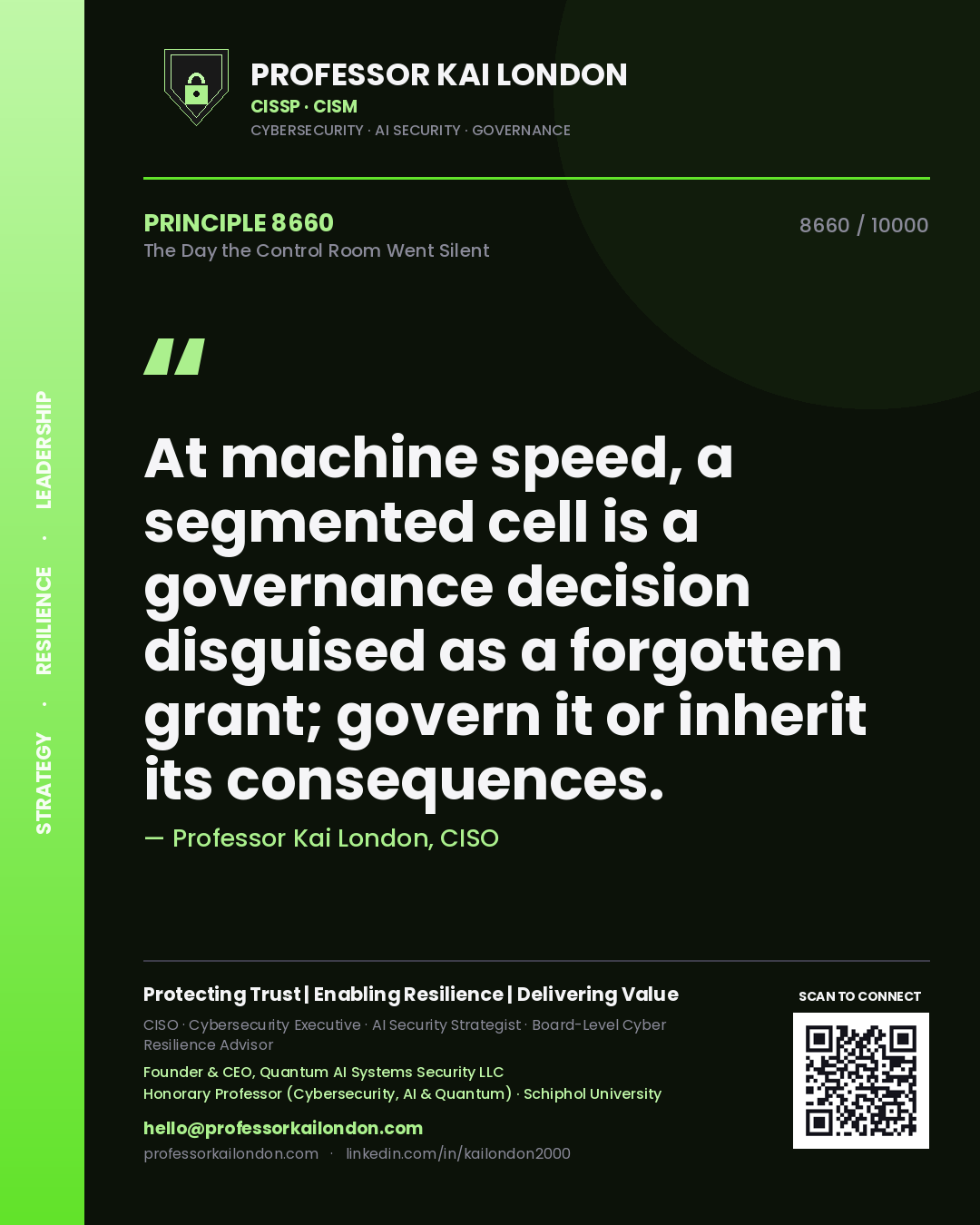 Professor Kai London principle 8660: At machine speed, a segmented cell is a governance decision disguised as a forgotten grant; govern it or inherit its consequences.