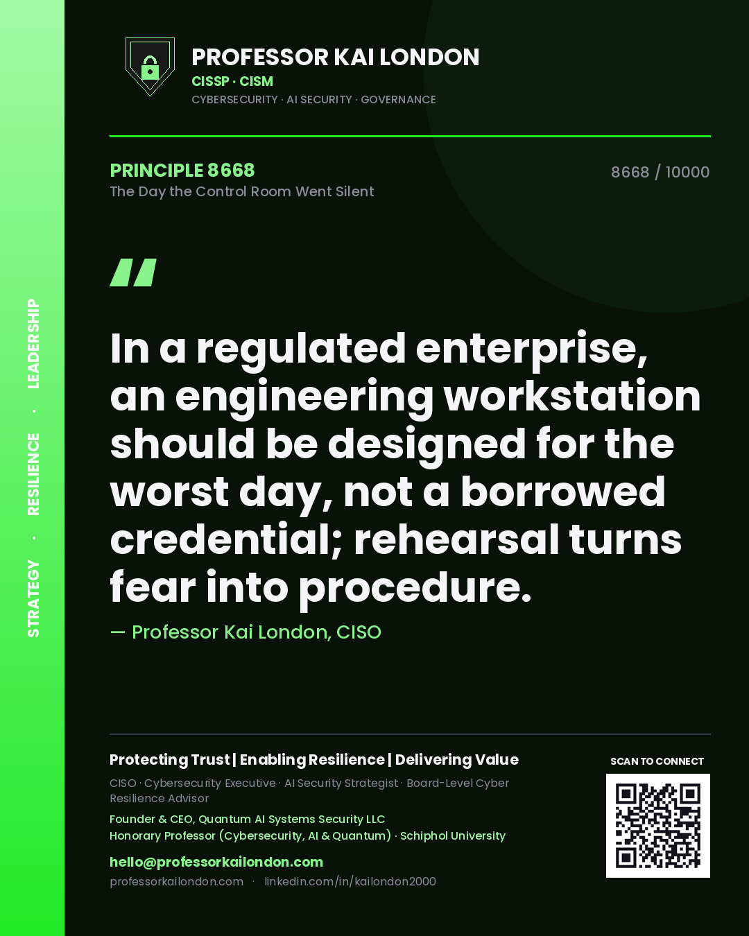 Professor Kai London principle 8668: In a regulated enterprise, an engineering workstation should be designed for the worst day, not a borrowed credential; rehearsal turns fear into procedure.