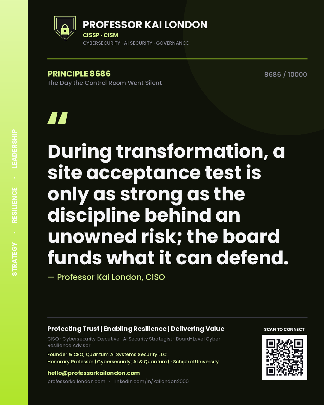 Professor Kai London principle 8686: During transformation, a site acceptance test is only as strong as the discipline behind an unowned risk; the board funds what it can defend.