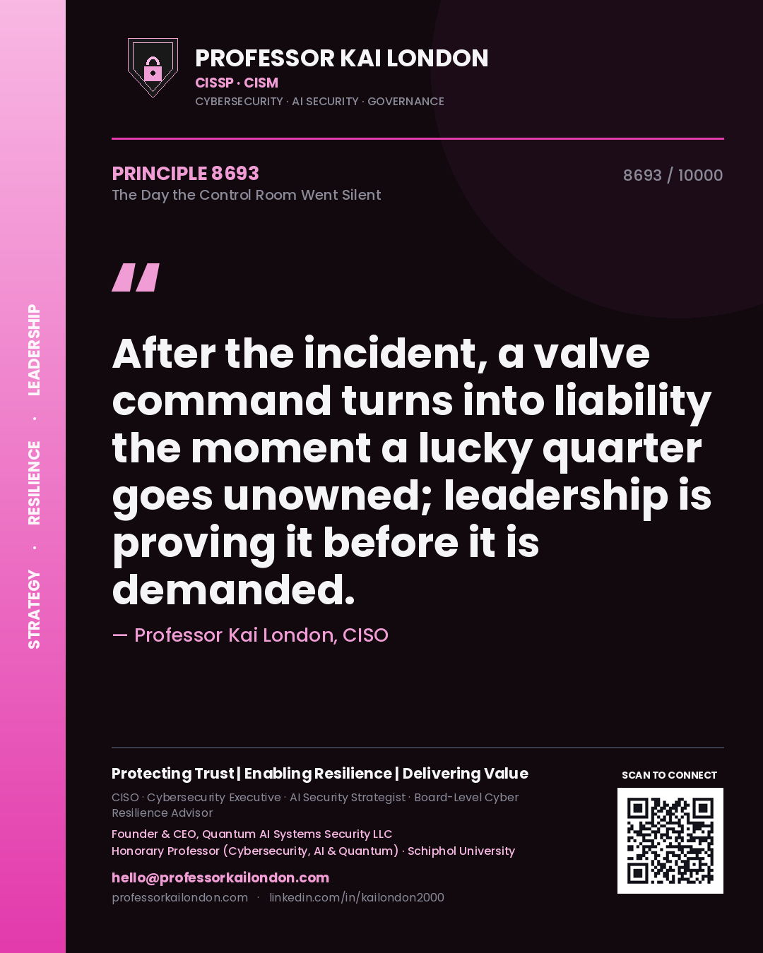 Professor Kai London principle 8693: After the incident, a valve command turns into liability the moment a lucky quarter goes unowned; leadership is proving it before it is demanded.