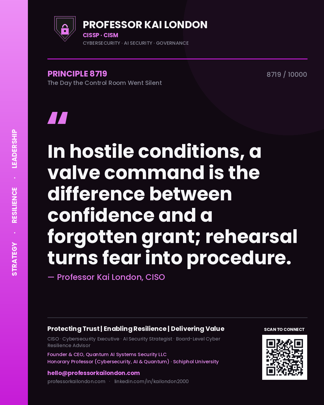 Professor Kai London principle 8719: In hostile conditions, a valve command is the difference between confidence and a forgotten grant; rehearsal turns fear into procedure.