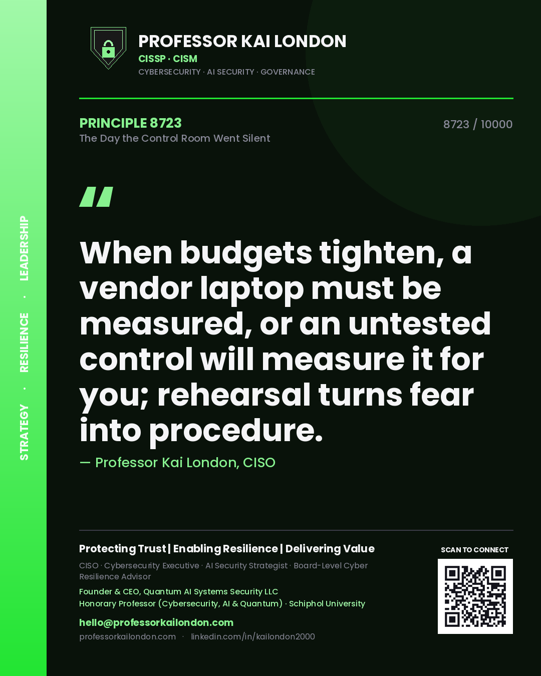 Professor Kai London principle 8723: When budgets tighten, a vendor laptop must be measured, or an untested control will measure it for you; rehearsal turns fear into procedure.