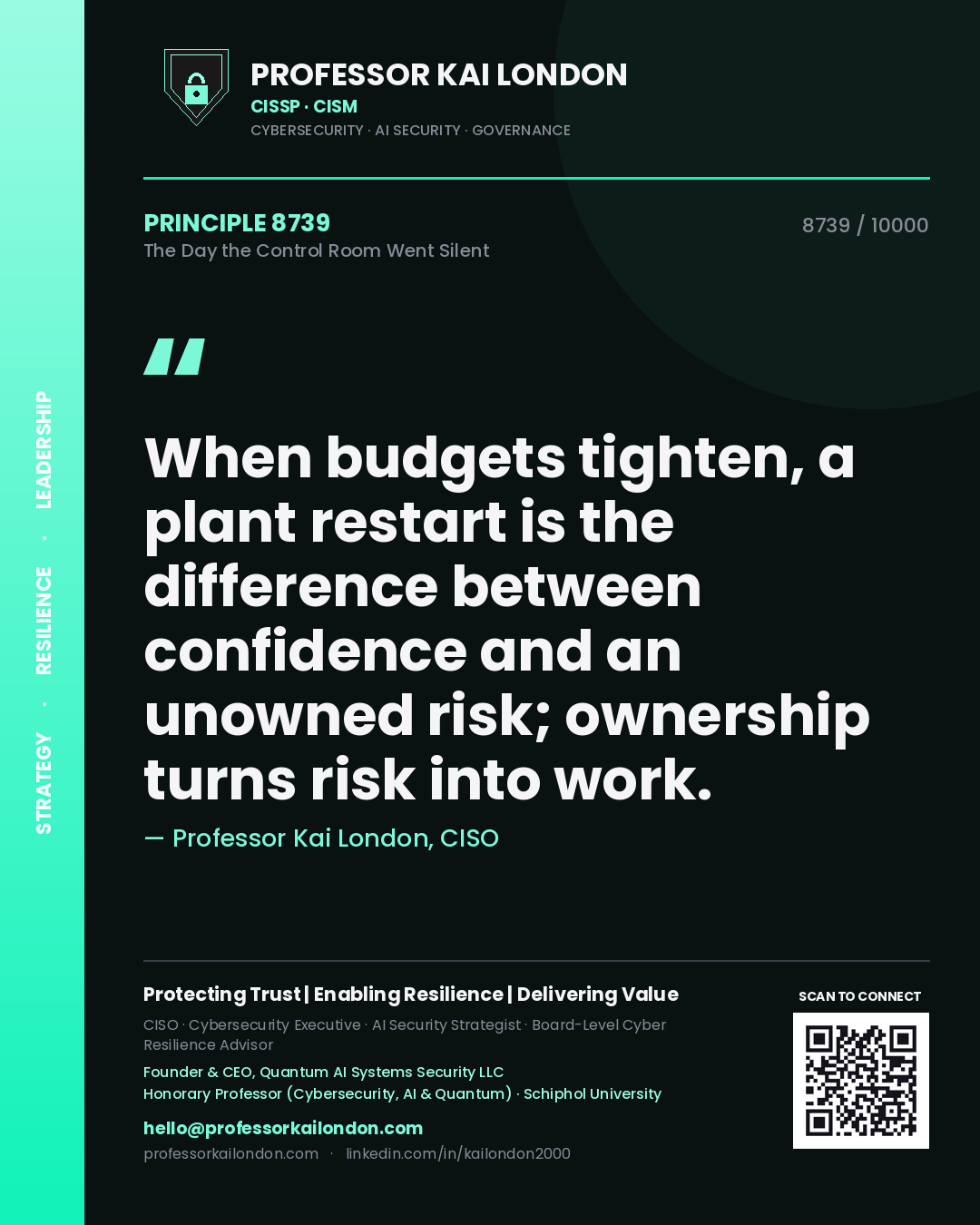Professor Kai London principle 8739: When budgets tighten, a plant restart is the difference between confidence and an unowned risk; ownership turns risk into work.