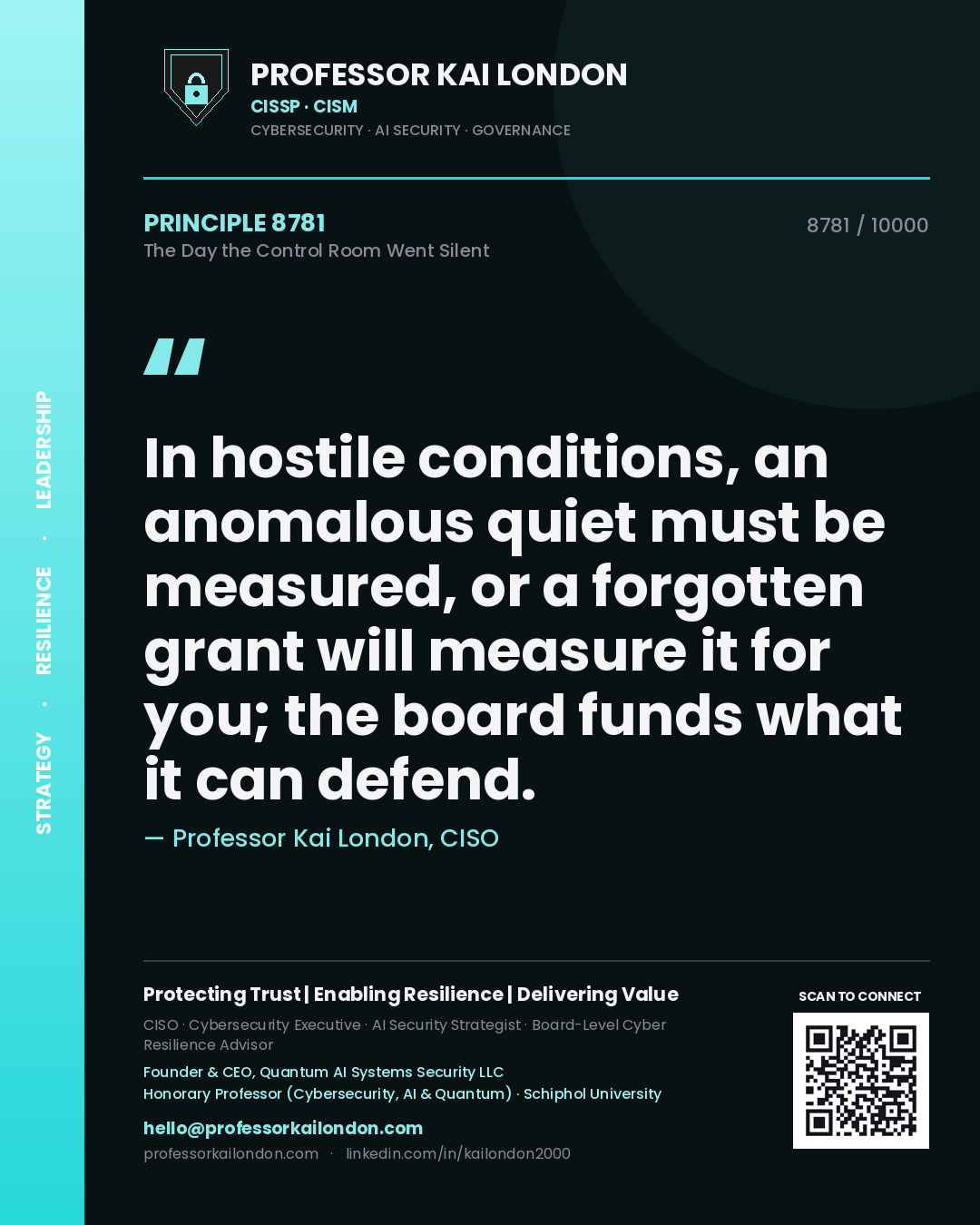 Professor Kai London principle 8781: In hostile conditions, an anomalous quiet must be measured, or a forgotten grant will measure it for you; the board funds what it can defend.
