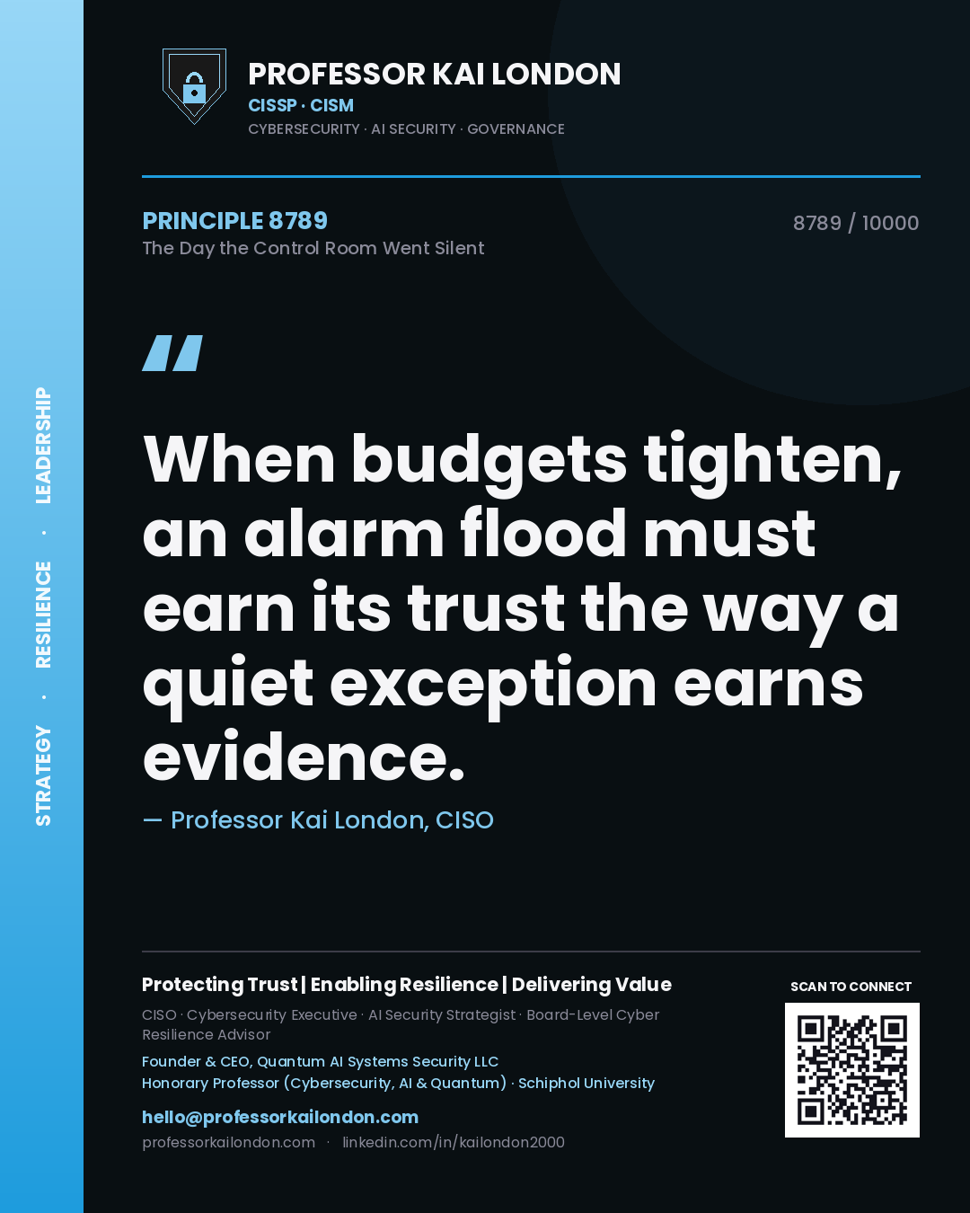 Professor Kai London principle 8789: When budgets tighten, an alarm flood must earn its trust the way a quiet exception earns evidence.