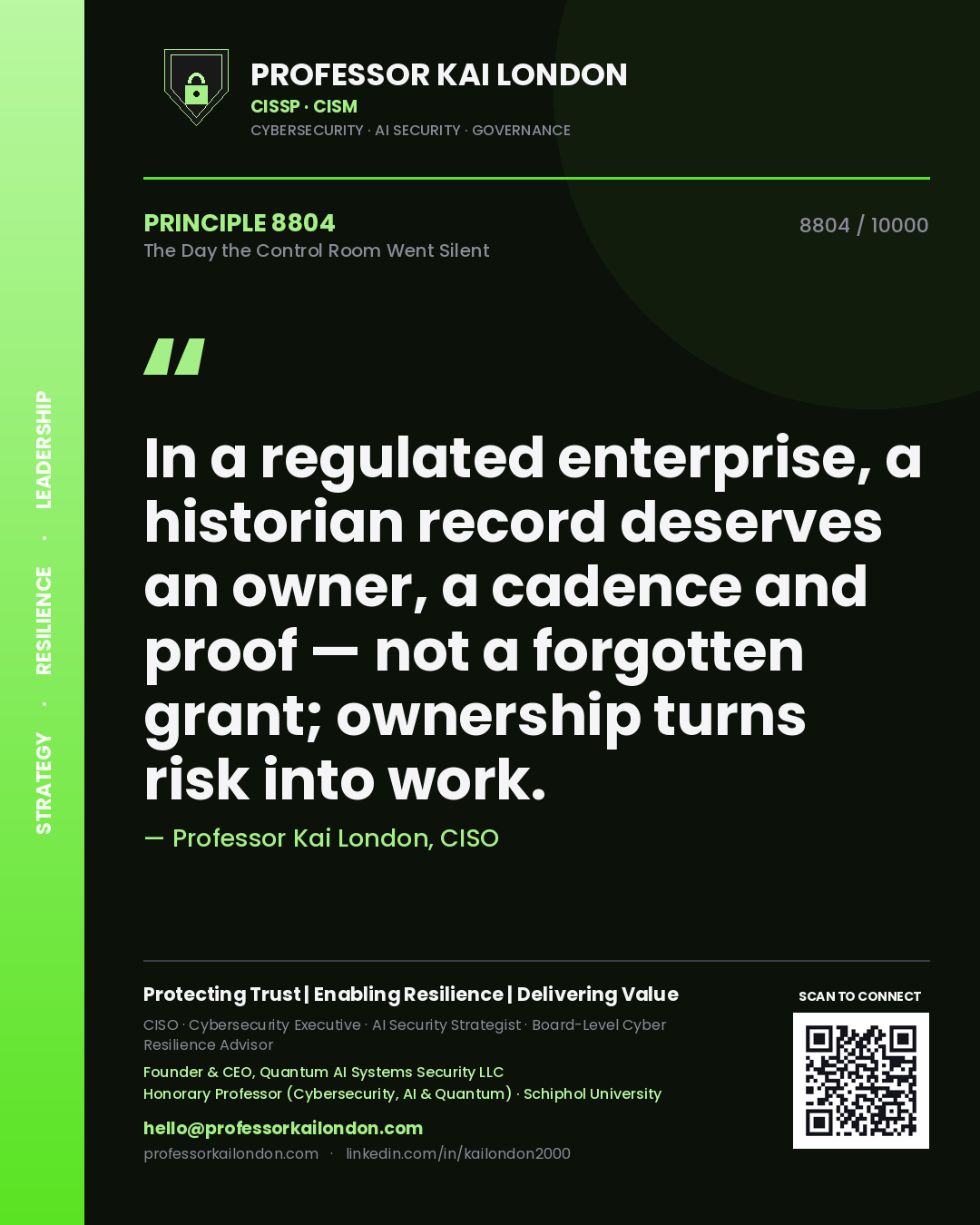Professor Kai London principle 8804: In a regulated enterprise, a historian record deserves an owner, a cadence and proof — not a forgotten grant; ownership turns risk into work.