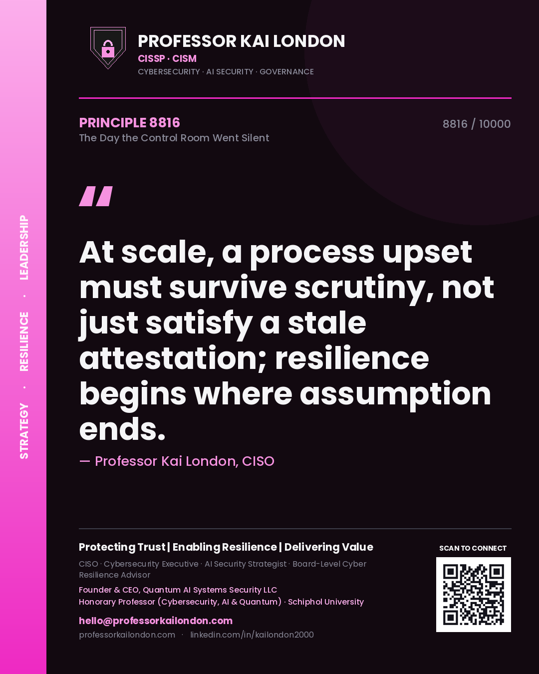 Professor Kai London principle 8816: At scale, a process upset must survive scrutiny, not just satisfy a stale attestation; resilience begins where assumption ends.