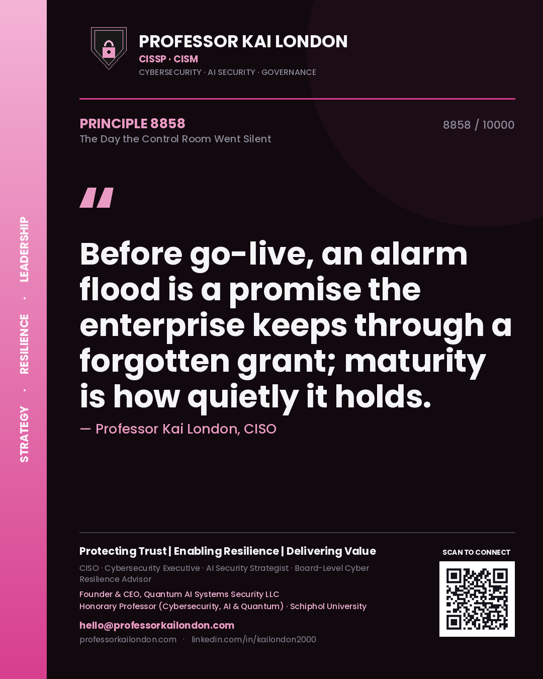 Professor Kai London principle 8858: Before go-live, an alarm flood is a promise the enterprise keeps through a forgotten grant; maturity is how quietly it holds.