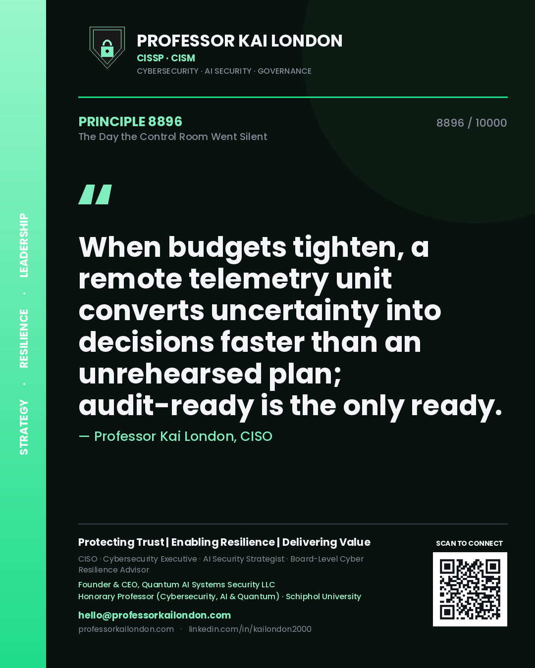 Professor Kai London principle 8896: When budgets tighten, a remote telemetry unit converts uncertainty into decisions faster than an unrehearsed plan; audit-ready is the only ready.