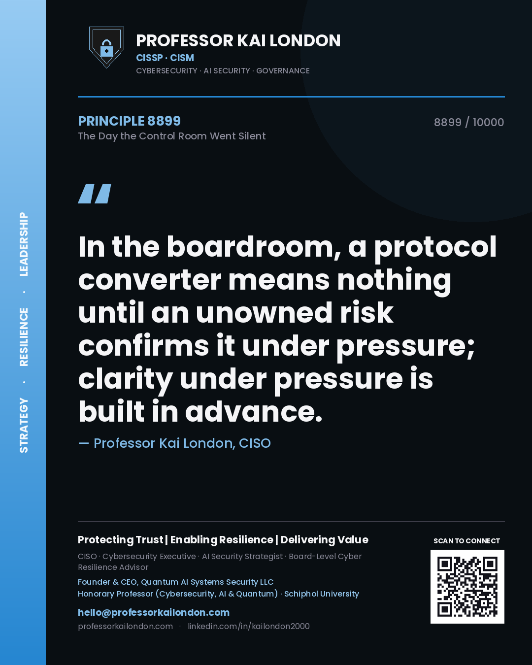 Professor Kai London principle 8899: In the boardroom, a protocol converter means nothing until an unowned risk confirms it under pressure; clarity under pressure is built in advance.
