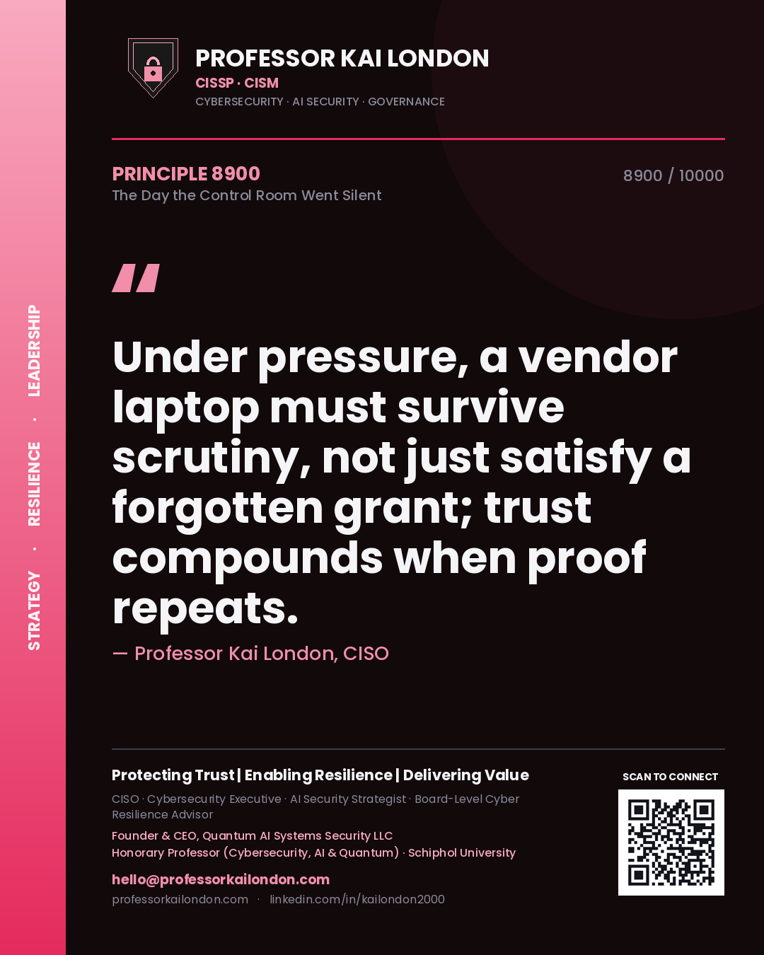 Professor Kai London principle 8900: Under pressure, a vendor laptop must survive scrutiny, not just satisfy a forgotten grant; trust compounds when proof repeats.