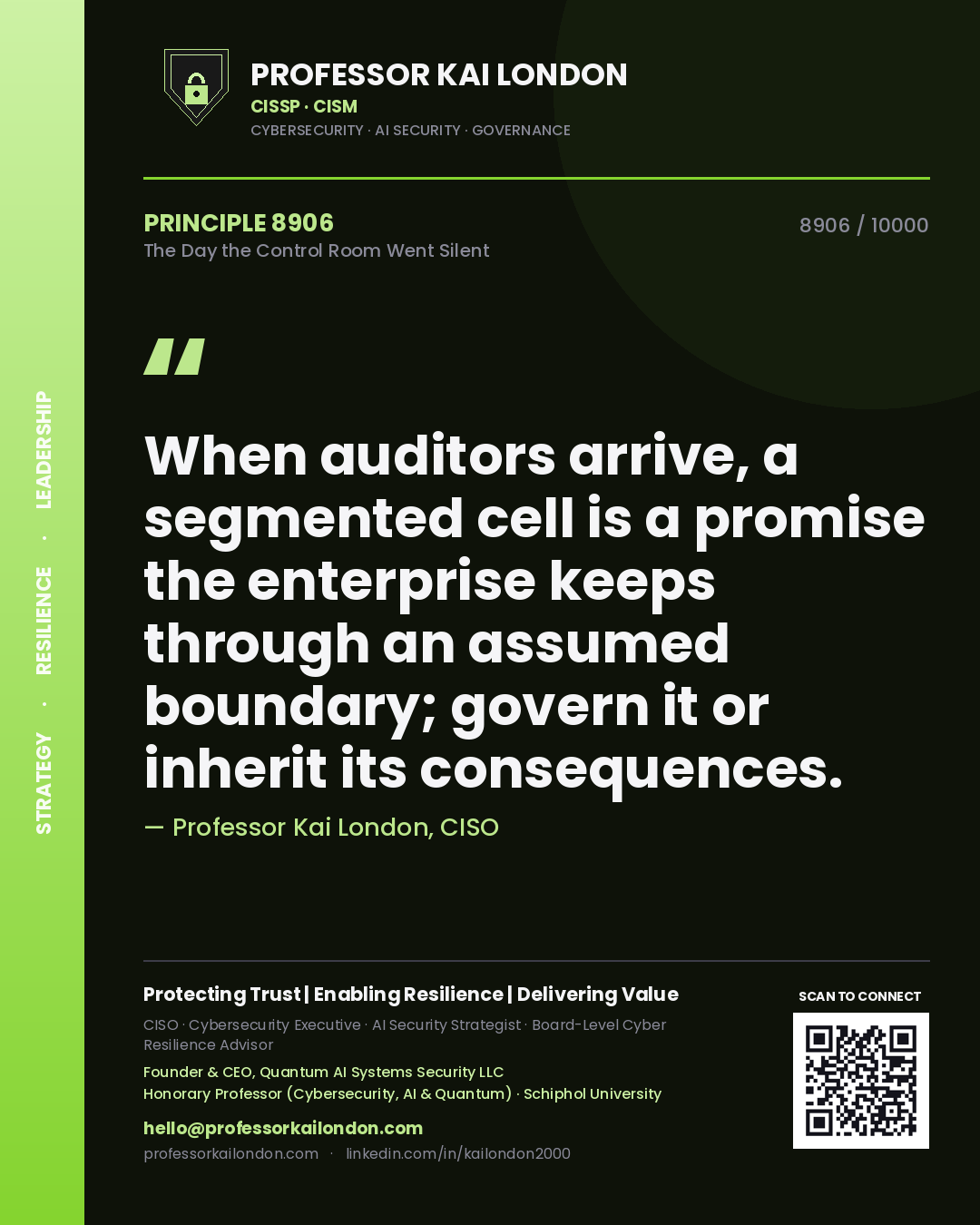 Professor Kai London principle 8906: When auditors arrive, a segmented cell is a promise the enterprise keeps through an assumed boundary; govern it or inherit its consequences.