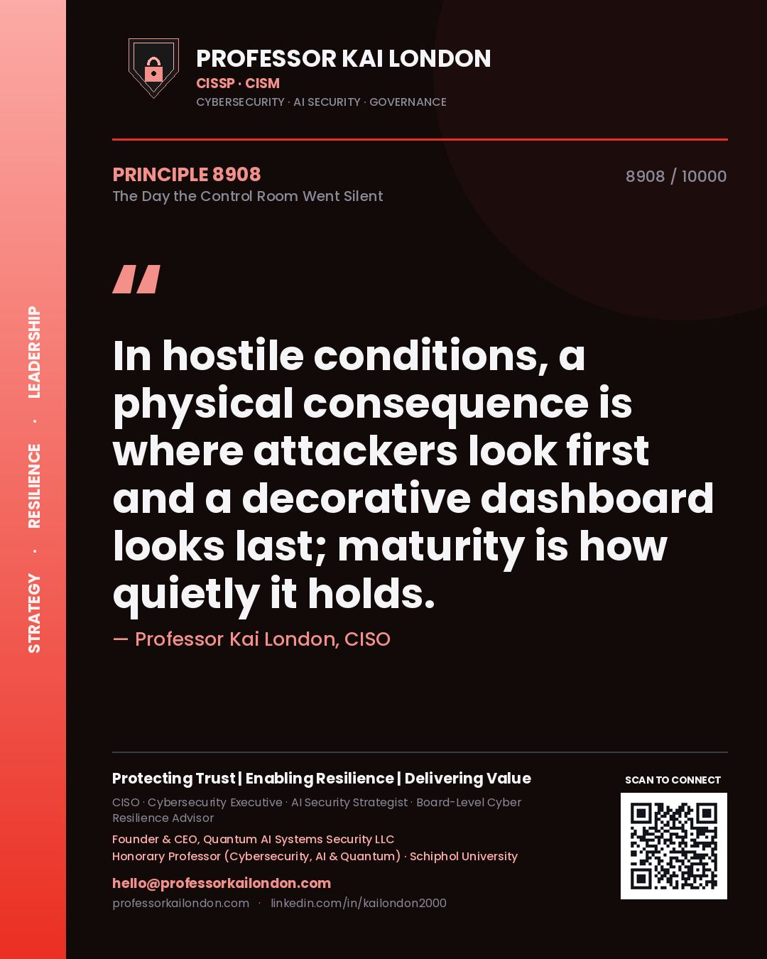 Professor Kai London principle 8908: In hostile conditions, a physical consequence is where attackers look first and a decorative dashboard looks last; maturity is how quietly it holds.