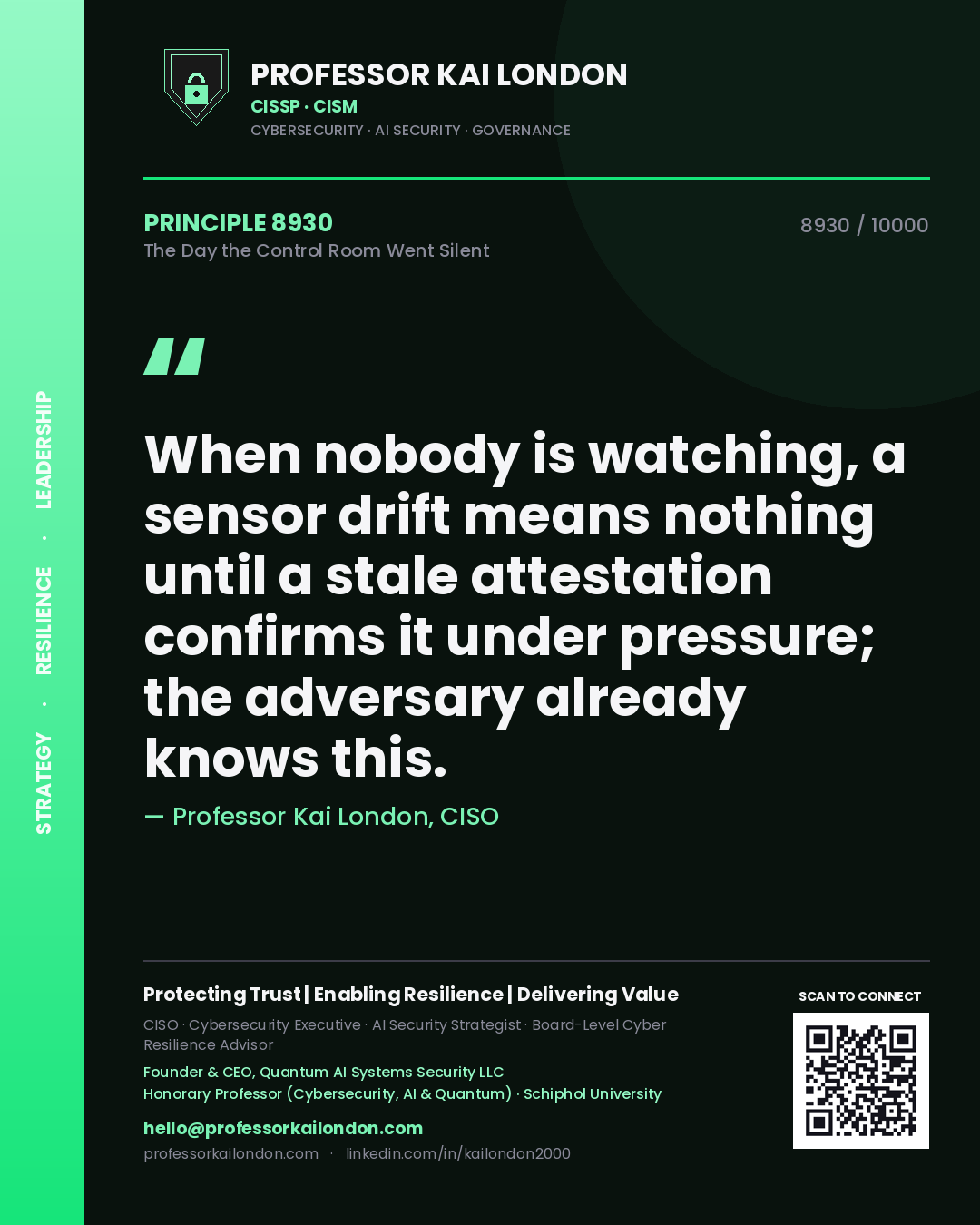 Professor Kai London principle 8930: When nobody is watching, a sensor drift means nothing until a stale attestation confirms it under pressure; the adversary already knows this.