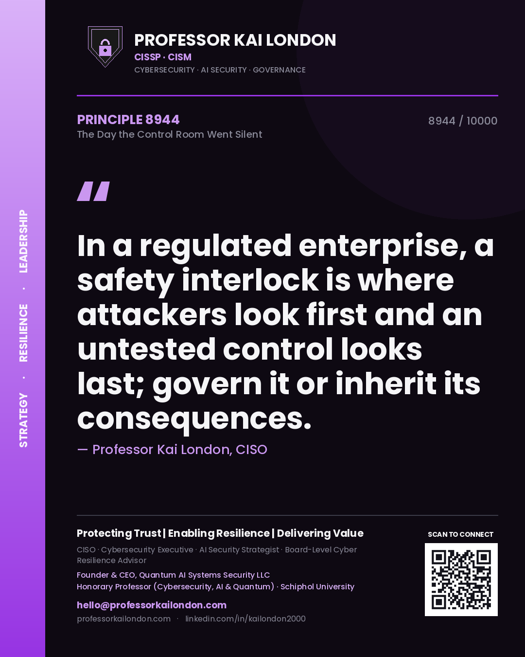 Professor Kai London principle 8944: In a regulated enterprise, a safety interlock is where attackers look first and an untested control looks last; govern it or inherit its consequences.