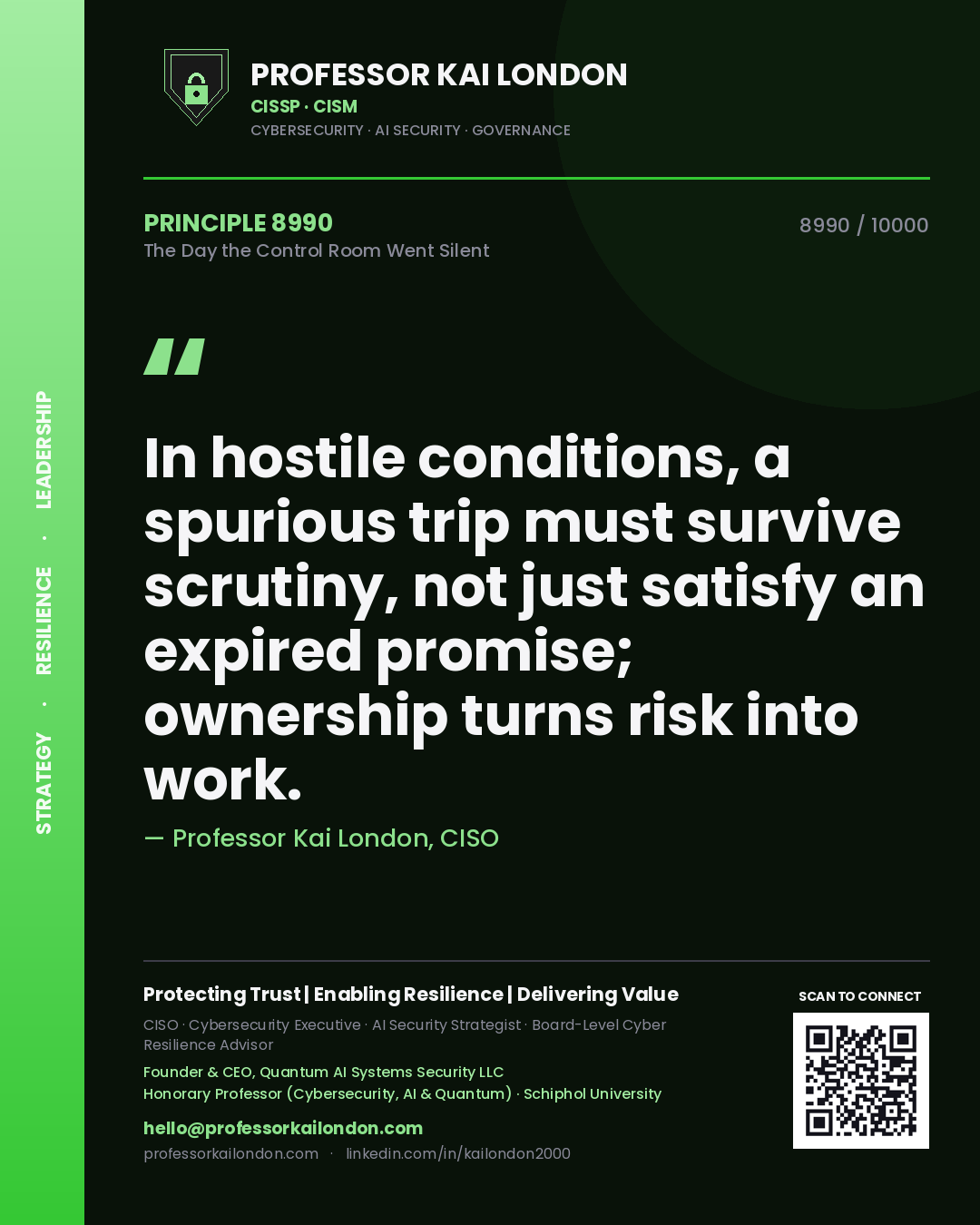 Professor Kai London principle 8990: In hostile conditions, a spurious trip must survive scrutiny, not just satisfy an expired promise; ownership turns risk into work.