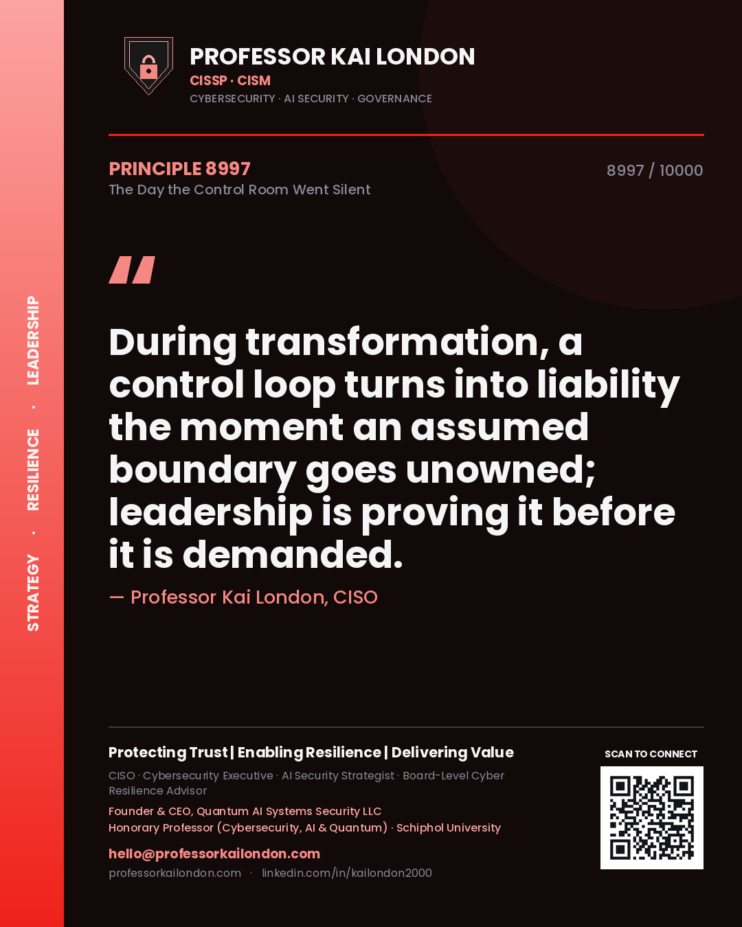 Professor Kai London principle 8997: During transformation, a control loop turns into liability the moment an assumed boundary goes unowned; leadership is proving it before it is demanded.