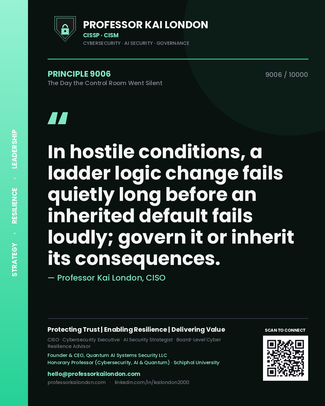 Professor Kai London principle 9006: In hostile conditions, a ladder logic change fails quietly long before an inherited default fails loudly; govern it or inherit its consequences.
