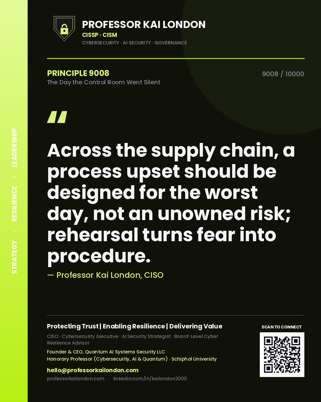 Professor Kai London principle 9008: Across the supply chain, a process upset should be designed for the worst day, not an unowned risk; rehearsal turns fear into procedure.