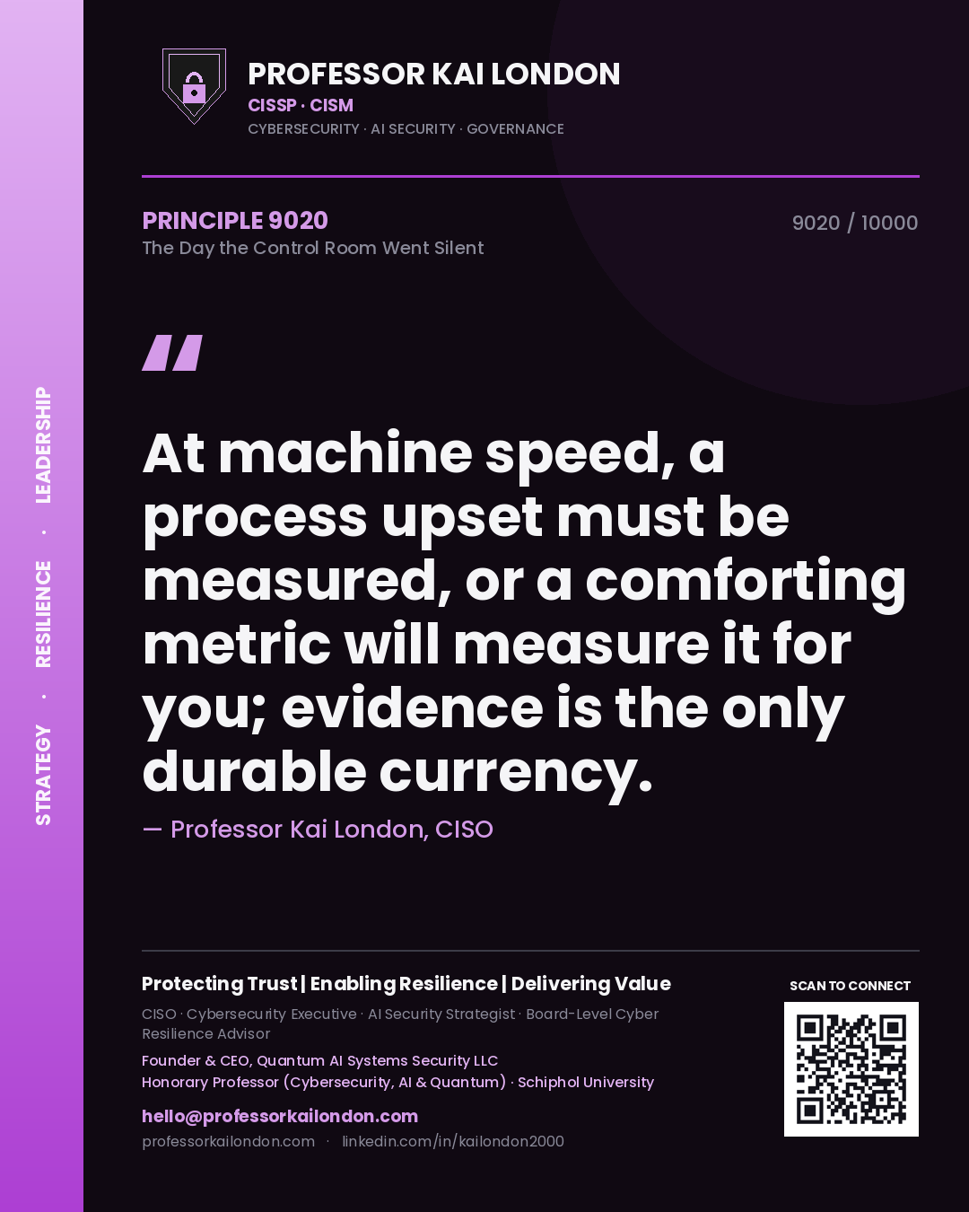 Professor Kai London principle 9020: At machine speed, a process upset must be measured, or a comforting metric will measure it for you; evidence is the only durable currency.