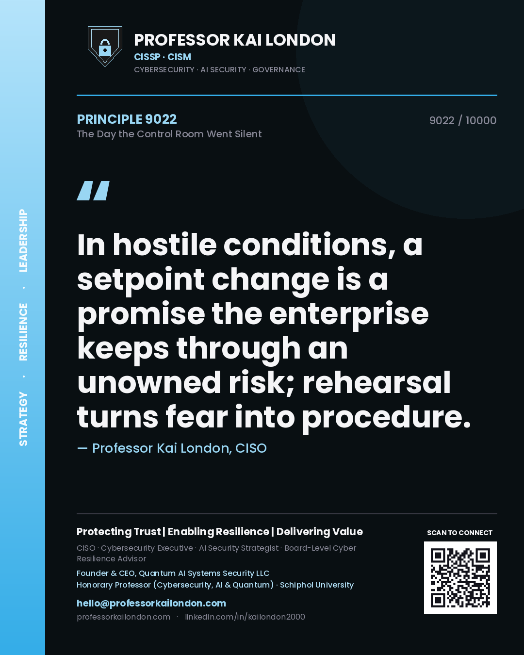 Professor Kai London principle 9022: In hostile conditions, a setpoint change is a promise the enterprise keeps through an unowned risk; rehearsal turns fear into procedure.