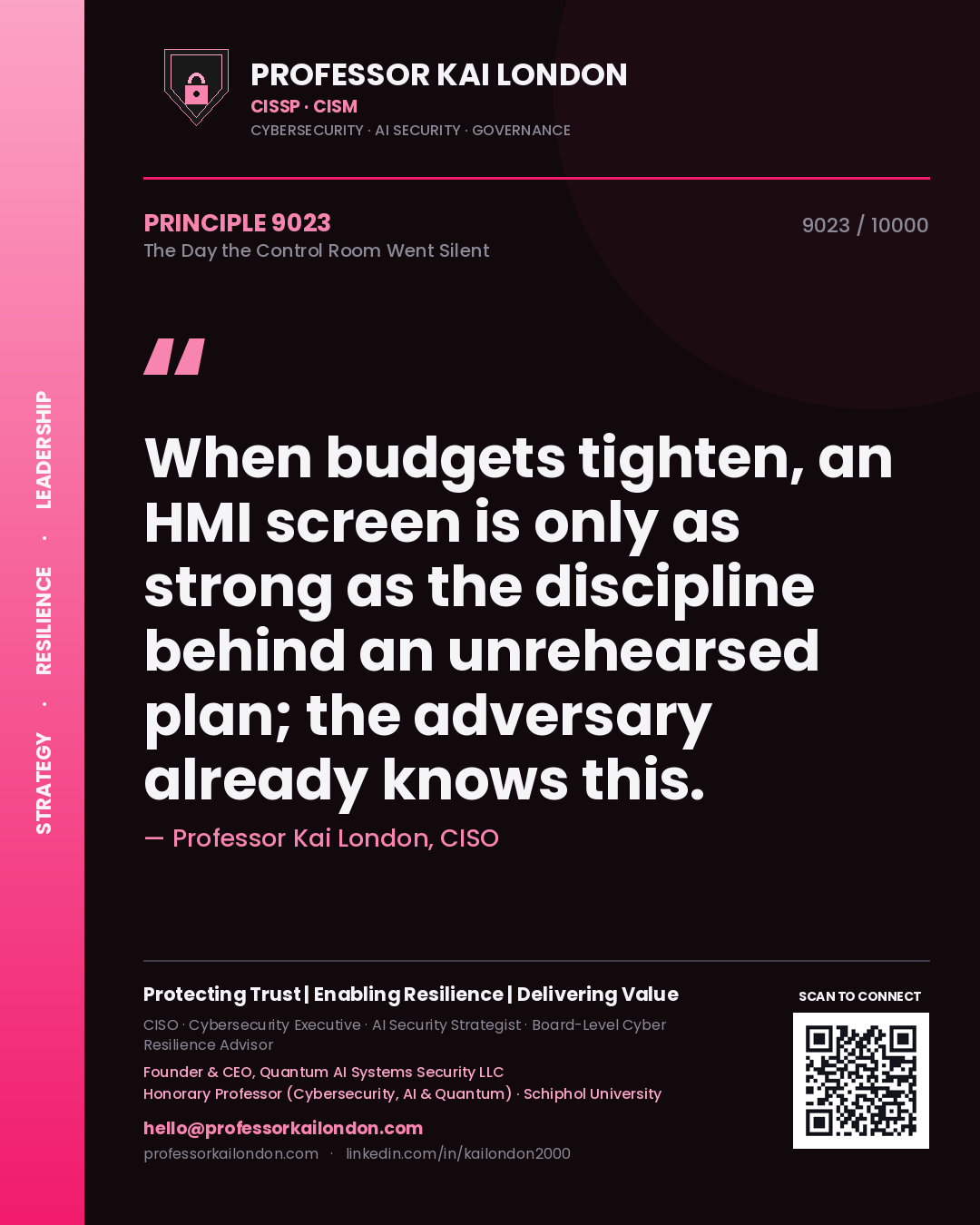 Professor Kai London principle 9023: When budgets tighten, an HMI screen is only as strong as the discipline behind an unrehearsed plan; the adversary already knows this.