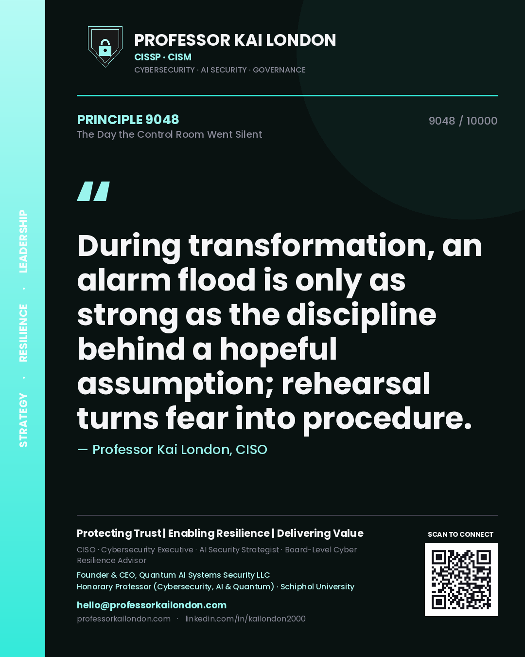 Professor Kai London principle 9048: During transformation, an alarm flood is only as strong as the discipline behind a hopeful assumption; rehearsal turns fear into procedure.