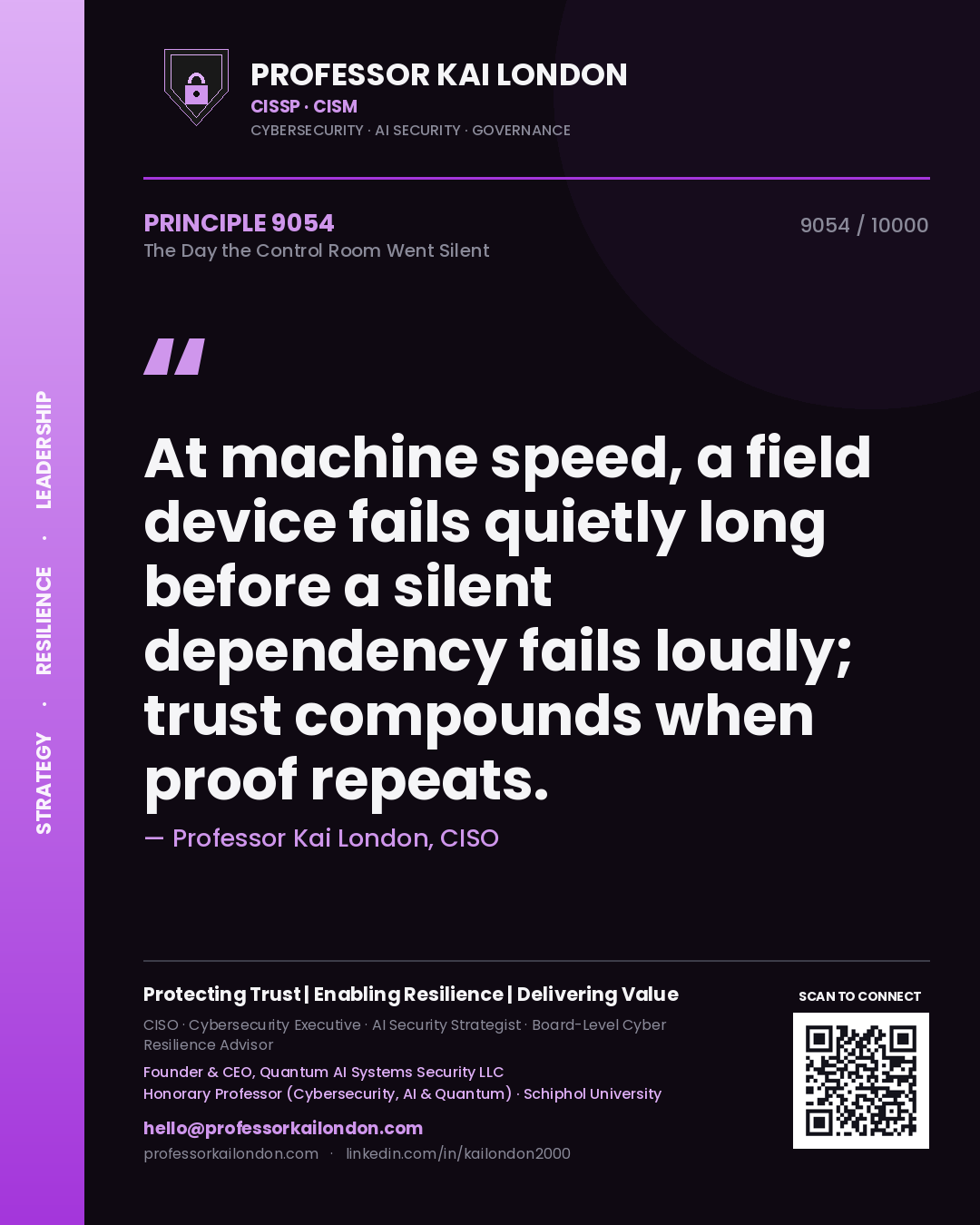 Professor Kai London principle 9054: At machine speed, a field device fails quietly long before a silent dependency fails loudly; trust compounds when proof repeats.