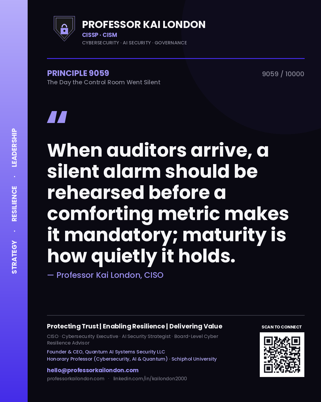 Professor Kai London principle 9059: When auditors arrive, a silent alarm should be rehearsed before a comforting metric makes it mandatory; maturity is how quietly it holds.