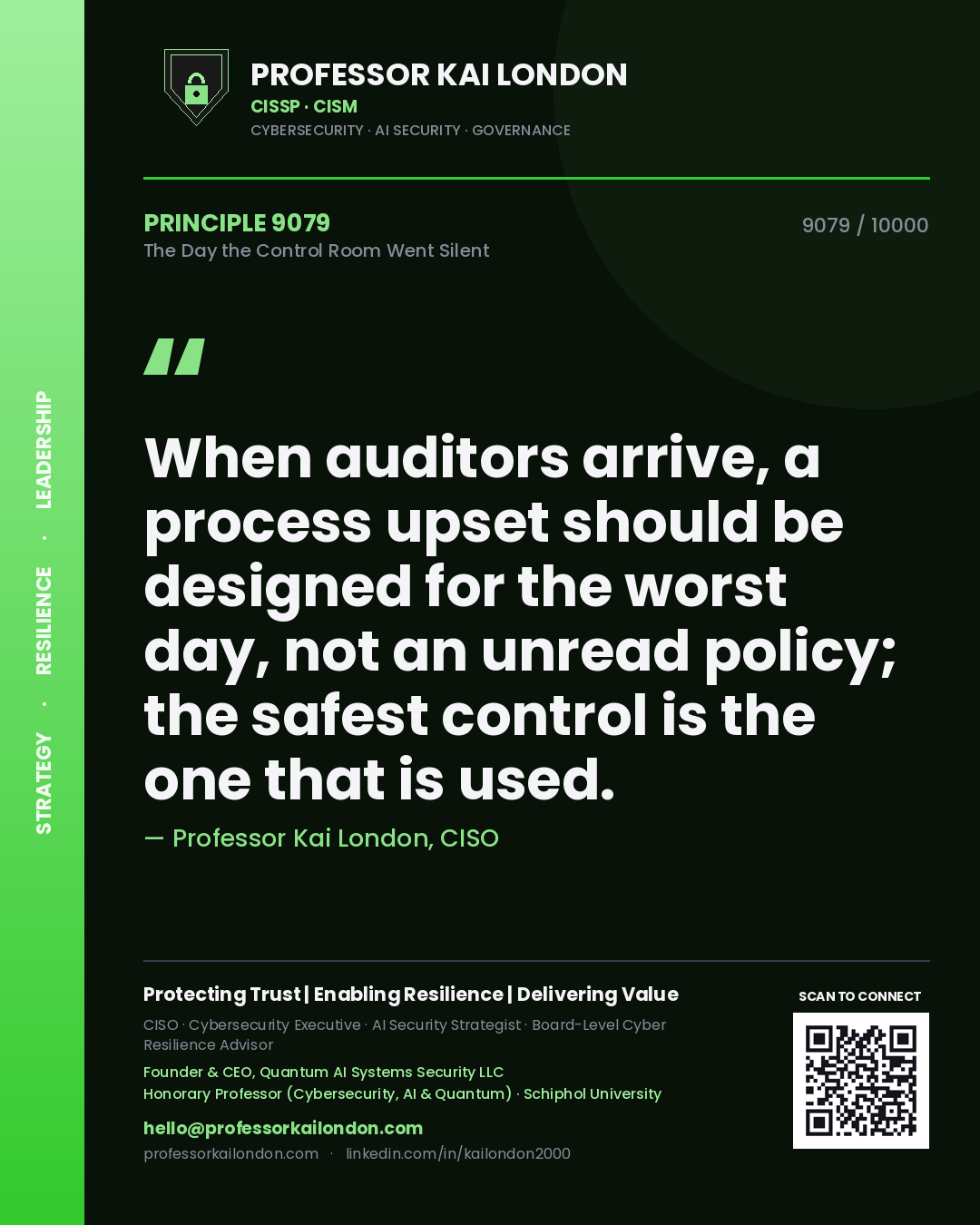 Professor Kai London principle 9079: When auditors arrive, a process upset should be designed for the worst day, not an unread policy; the safest control is the one that is used.