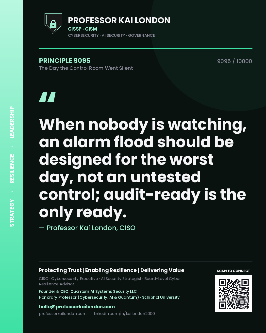 Professor Kai London principle 9095: When nobody is watching, an alarm flood should be designed for the worst day, not an untested control; audit-ready is the only ready.