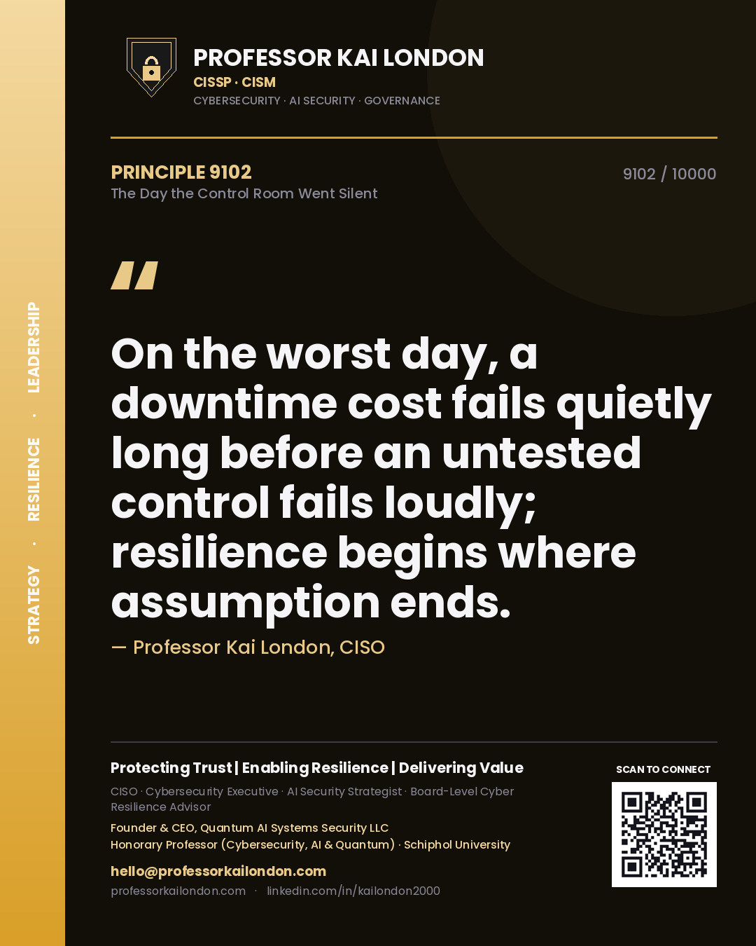 Professor Kai London principle 9102: On the worst day, a downtime cost fails quietly long before an untested control fails loudly; resilience begins where assumption ends.