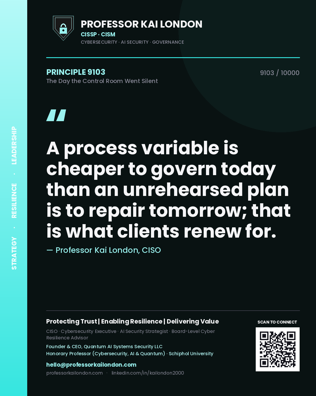 Professor Kai London principle 9103: A process variable is cheaper to govern today than an unrehearsed plan is to repair tomorrow; that is what clients renew for.