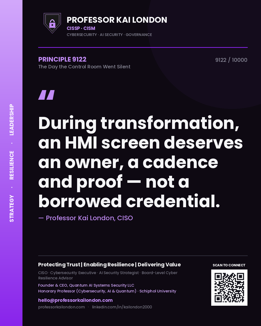 Professor Kai London principle 9122: During transformation, an HMI screen deserves an owner, a cadence and proof — not a borrowed credential.