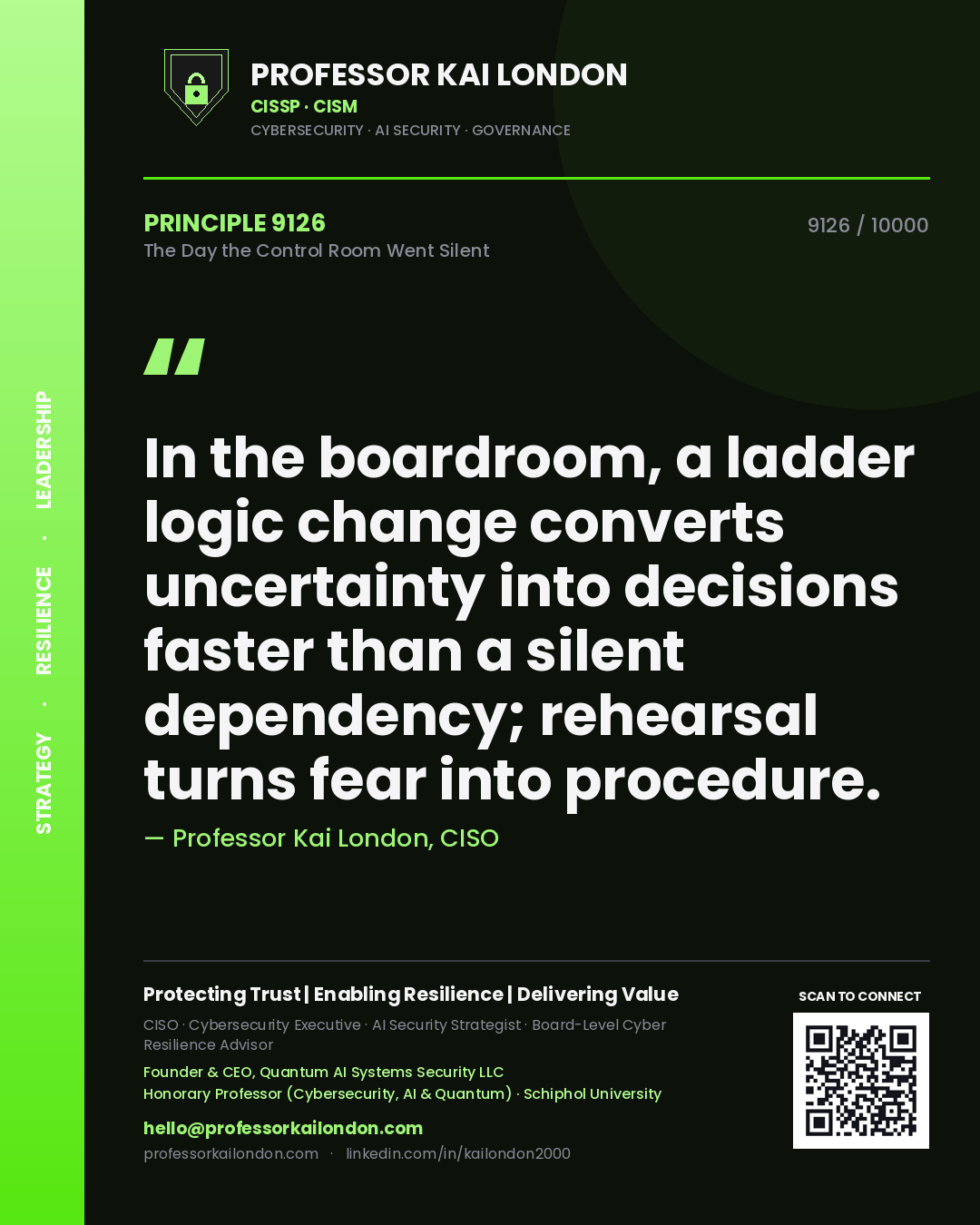 Professor Kai London principle 9126: In the boardroom, a ladder logic change converts uncertainty into decisions faster than a silent dependency; rehearsal turns fear into procedure.