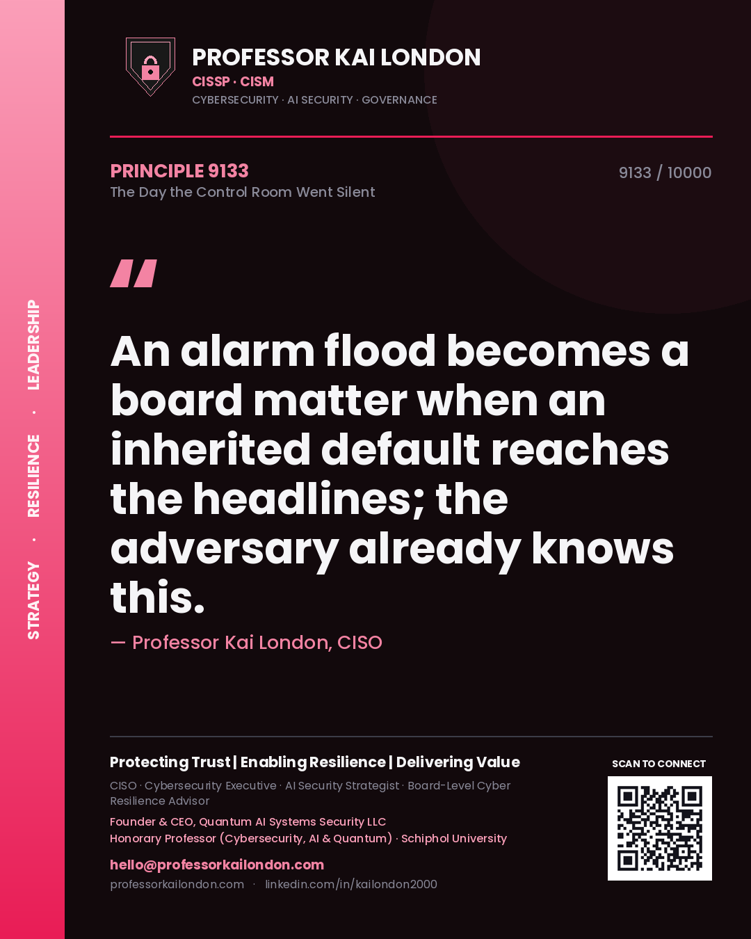 Professor Kai London principle 9133: An alarm flood becomes a board matter when an inherited default reaches the headlines; the adversary already knows this.