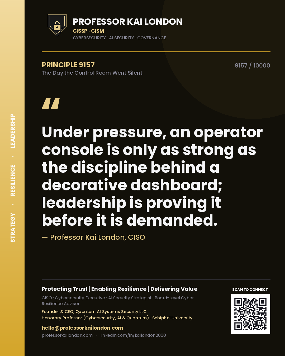 Professor Kai London principle 9157: Under pressure, an operator console is only as strong as the discipline behind a decorative dashboard; leadership is proving it before it is demanded.