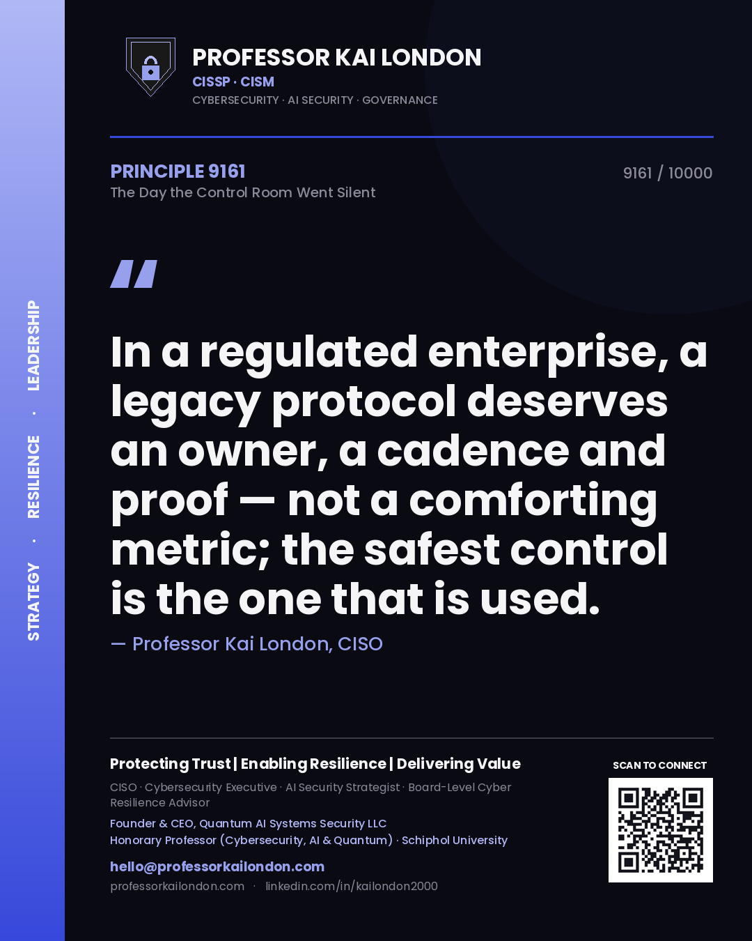 Professor Kai London principle 9161: In a regulated enterprise, a legacy protocol deserves an owner, a cadence and proof — not a comforting metric; the safest control is the one that is used.