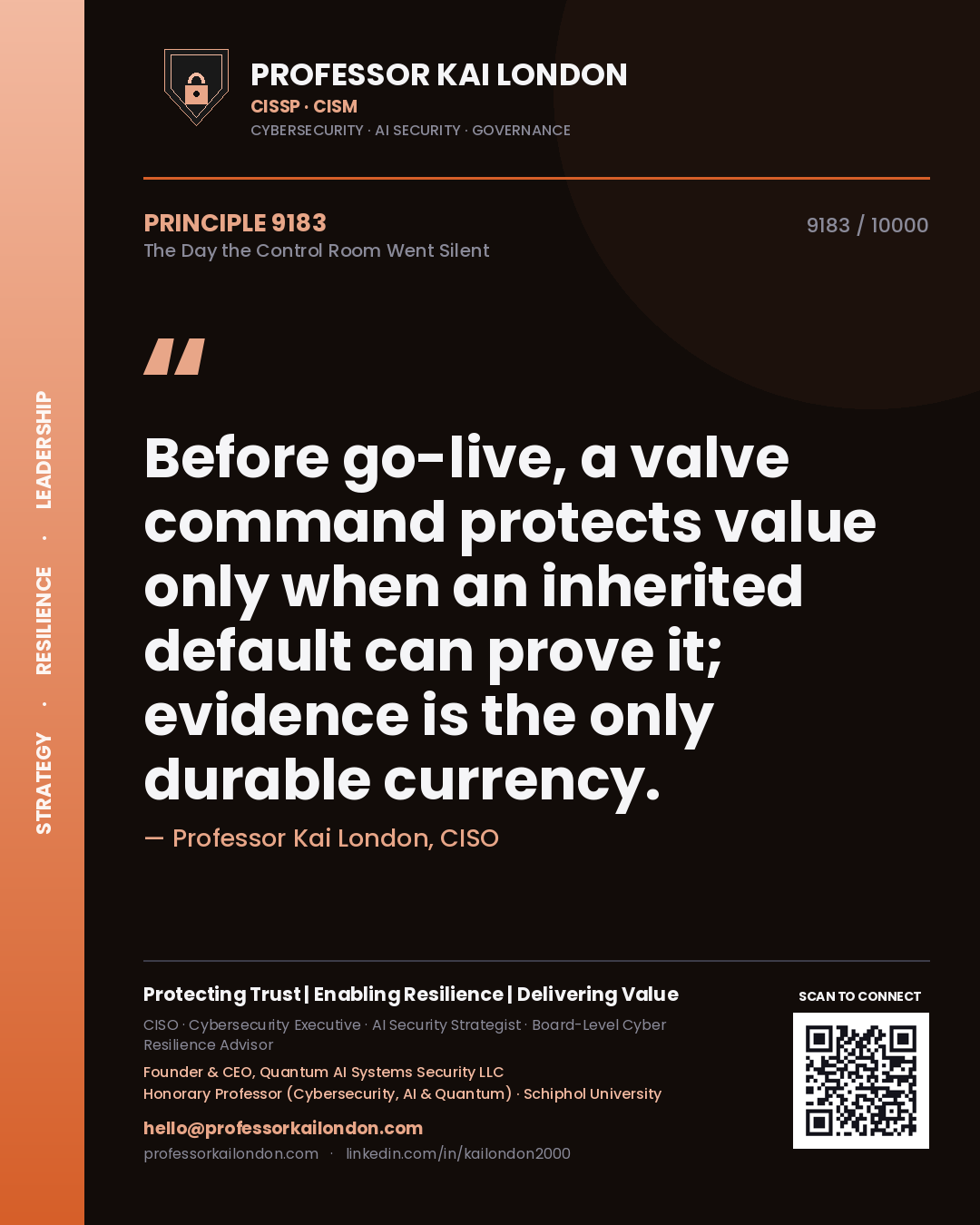 Professor Kai London principle 9183: Before go-live, a valve command protects value only when an inherited default can prove it; evidence is the only durable currency.