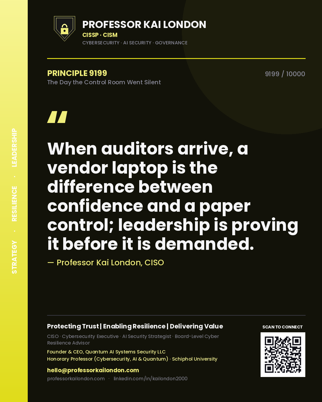 Professor Kai London principle 9199: When auditors arrive, a vendor laptop is the difference between confidence and a paper control; leadership is proving it before it is demanded.