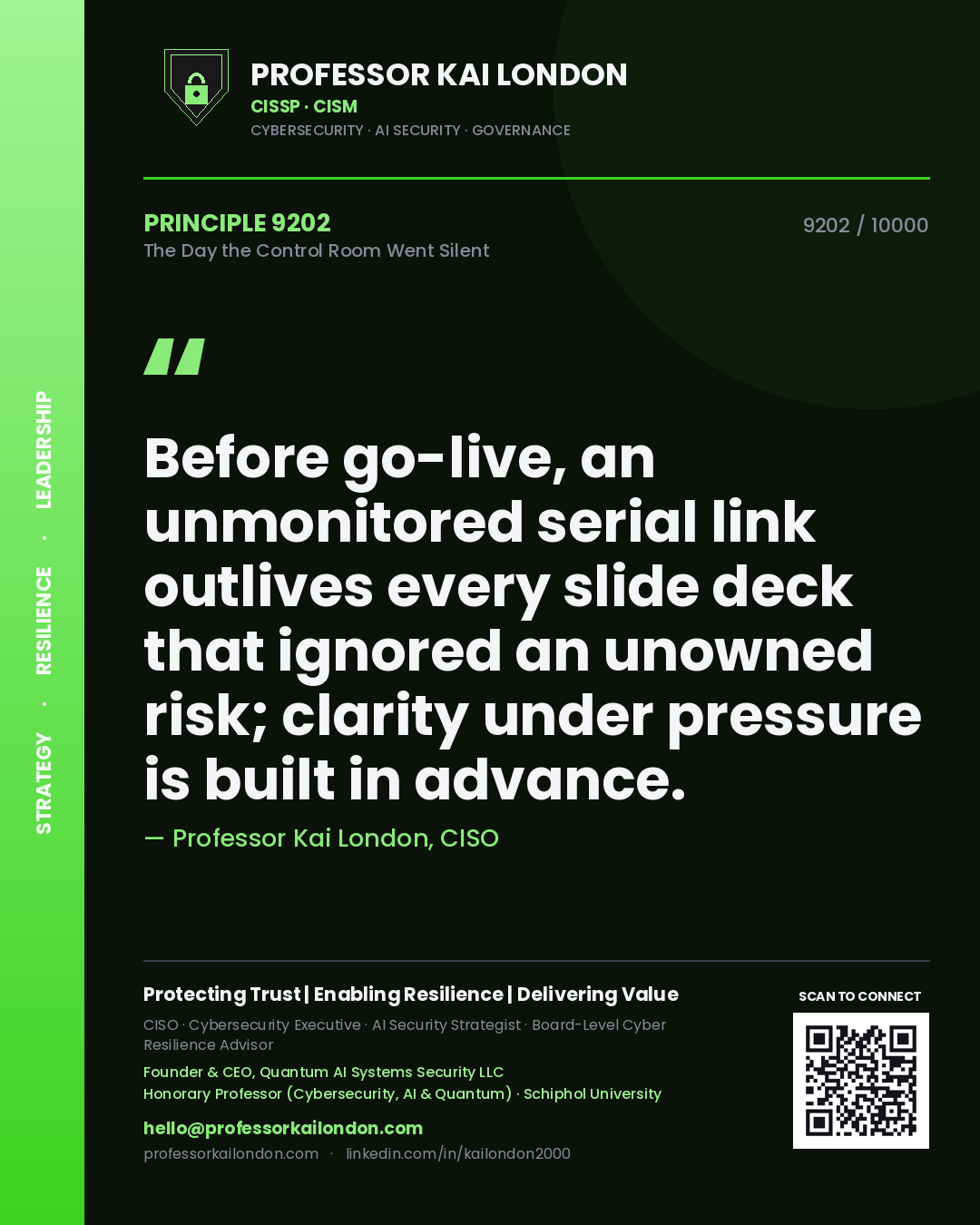 Professor Kai London principle 9202: Before go-live, an unmonitored serial link outlives every slide deck that ignored an unowned risk; clarity under pressure is built in advance.
