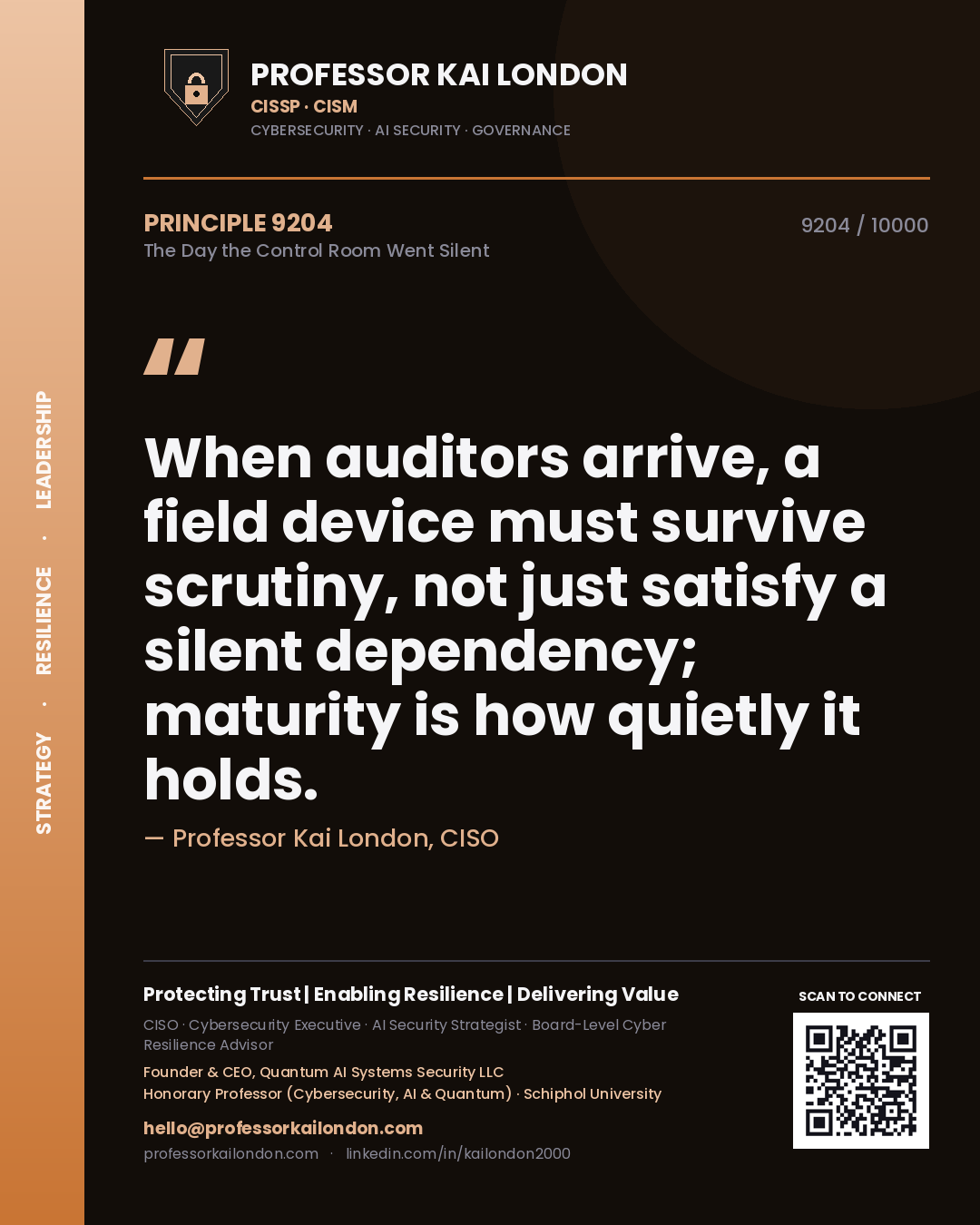 Professor Kai London principle 9204: When auditors arrive, a field device must survive scrutiny, not just satisfy a silent dependency; maturity is how quietly it holds.