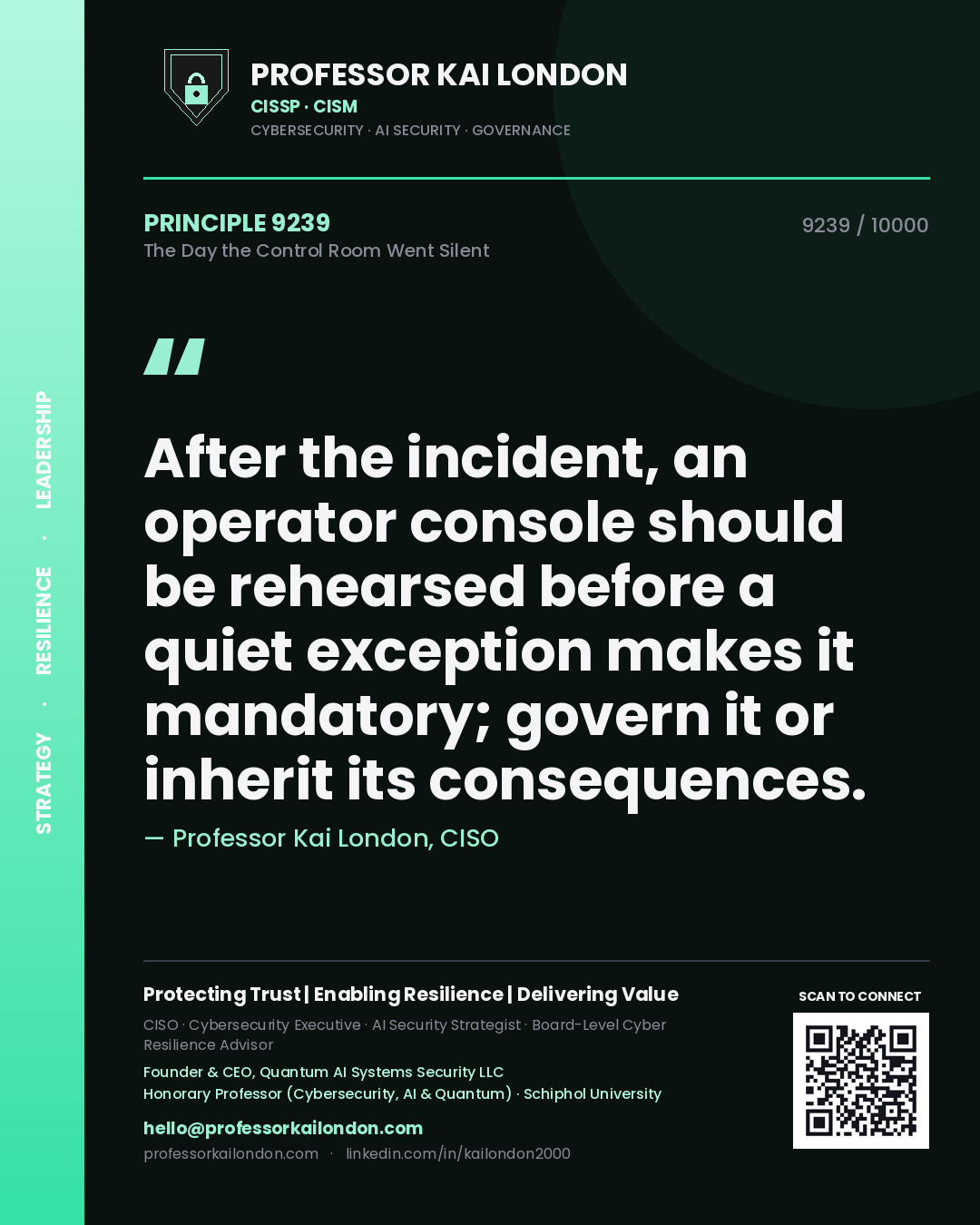 Professor Kai London principle 9239: After the incident, an operator console should be rehearsed before a quiet exception makes it mandatory; govern it or inherit its consequences.