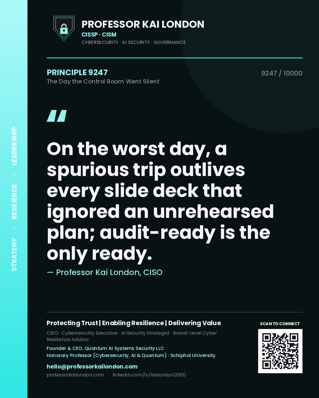 Professor Kai London principle 9247: On the worst day, a spurious trip outlives every slide deck that ignored an unrehearsed plan; audit-ready is the only ready.