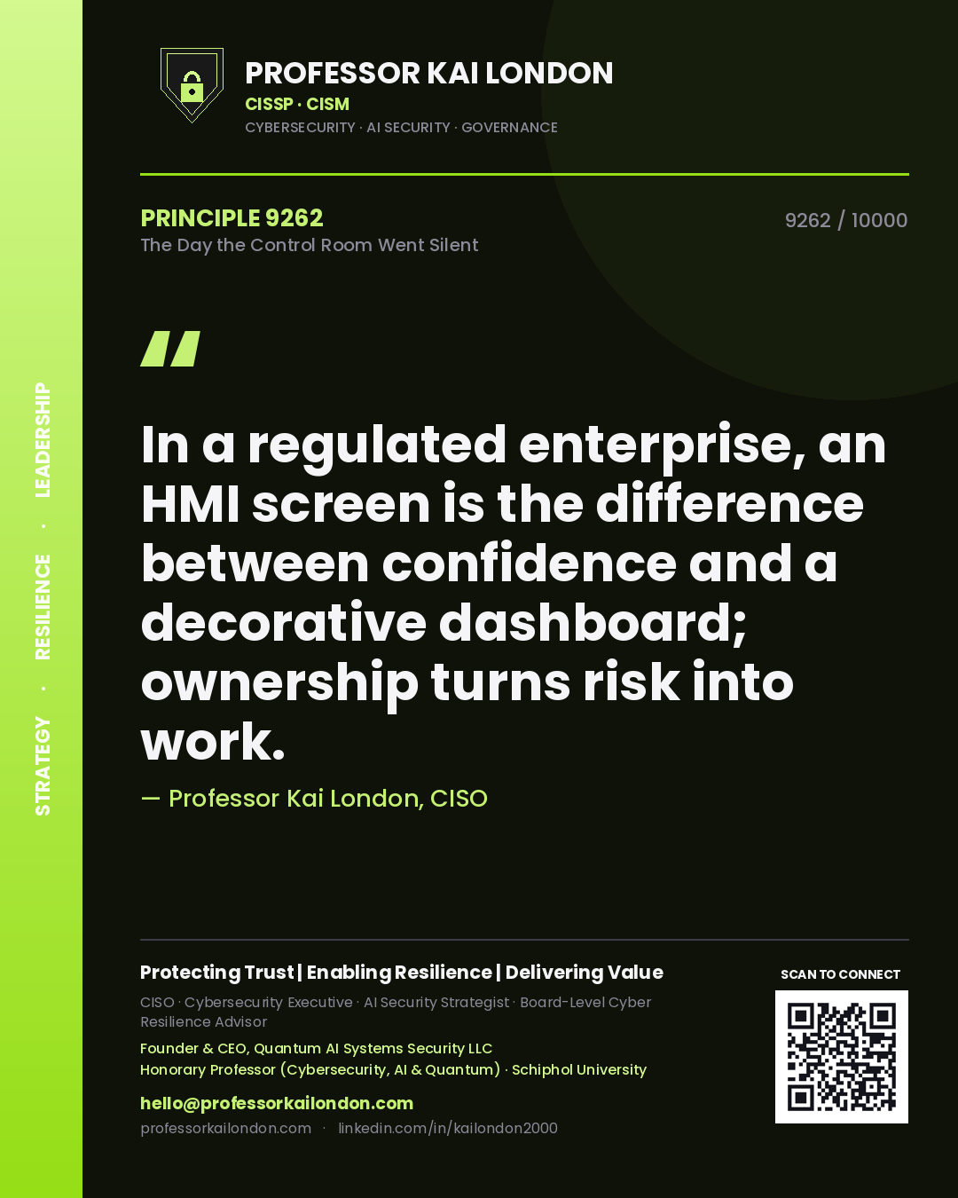 Professor Kai London principle 9262: In a regulated enterprise, an HMI screen is the difference between confidence and a decorative dashboard; ownership turns risk into work.